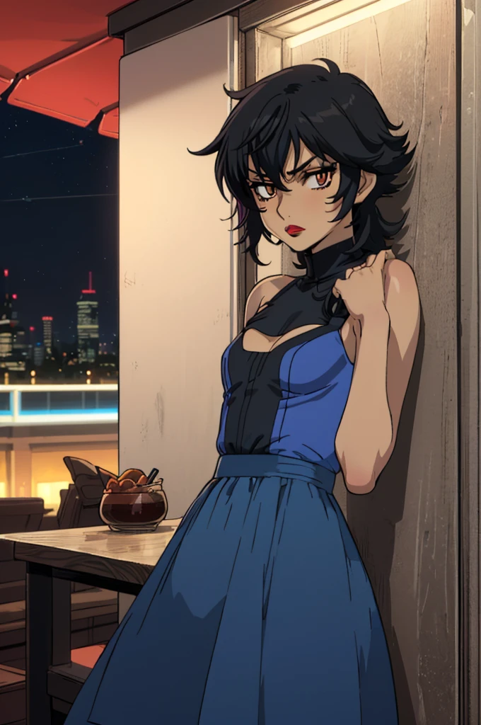 closed mouth, (10yearsold), ((1girl)), ((((solo))), (((alone))), (((genderbend))), (((female))), ((flat chest)), (((short))), (((small))), ((blue top)), (big brown eyes), ((blue dress)), big cleavage, cocktail, party, ((anime artstyle)), long eyelashes, ((long black hair)), (((at night))), (red lipstick), (black eyeshadow), (in the dark)