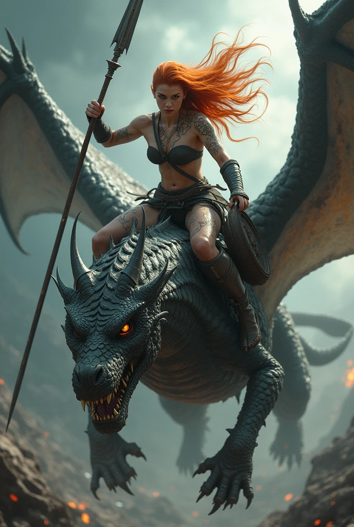 A dark fantasy novel cover of a naked large breasted red haired woman holding an oversized broadsword over her shoulder. Her hair is flowing in the wind as she stands on the decapitated head of a massive dragon.