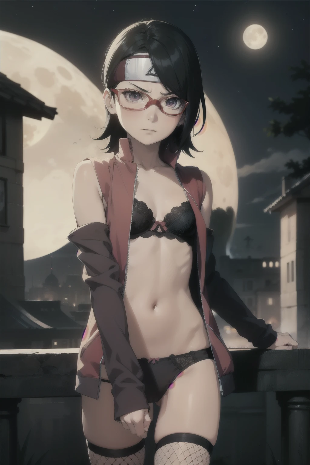 Anime style, 1 girl sarada , girl , childbody , 1girl , anime , masterpiece , color hair, jaqueta aberta open clothes ,flat chest , bra, pantie , fishnet thighhighs , angry agressive ,sexy . Background moon . Standing