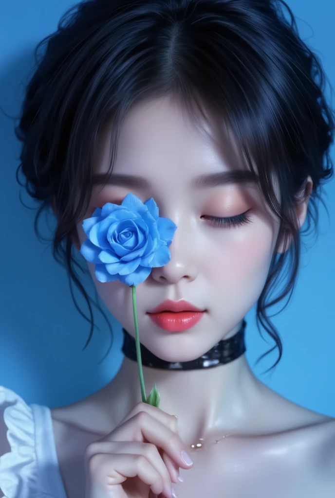 1girl, solo, short hair, simple background, brown hair, black hair, holding, jewelry, collarbone, closed eyes, flower, Flowers placed in front of one eye,earrings, parted lips, choker, artist name, necklace, lips, eyelashes, makeup, rose, watermark, blue background, lipstick, portrait, facing viewer, web address, blue flower, blue theme, holding flower, red lips, blue rose