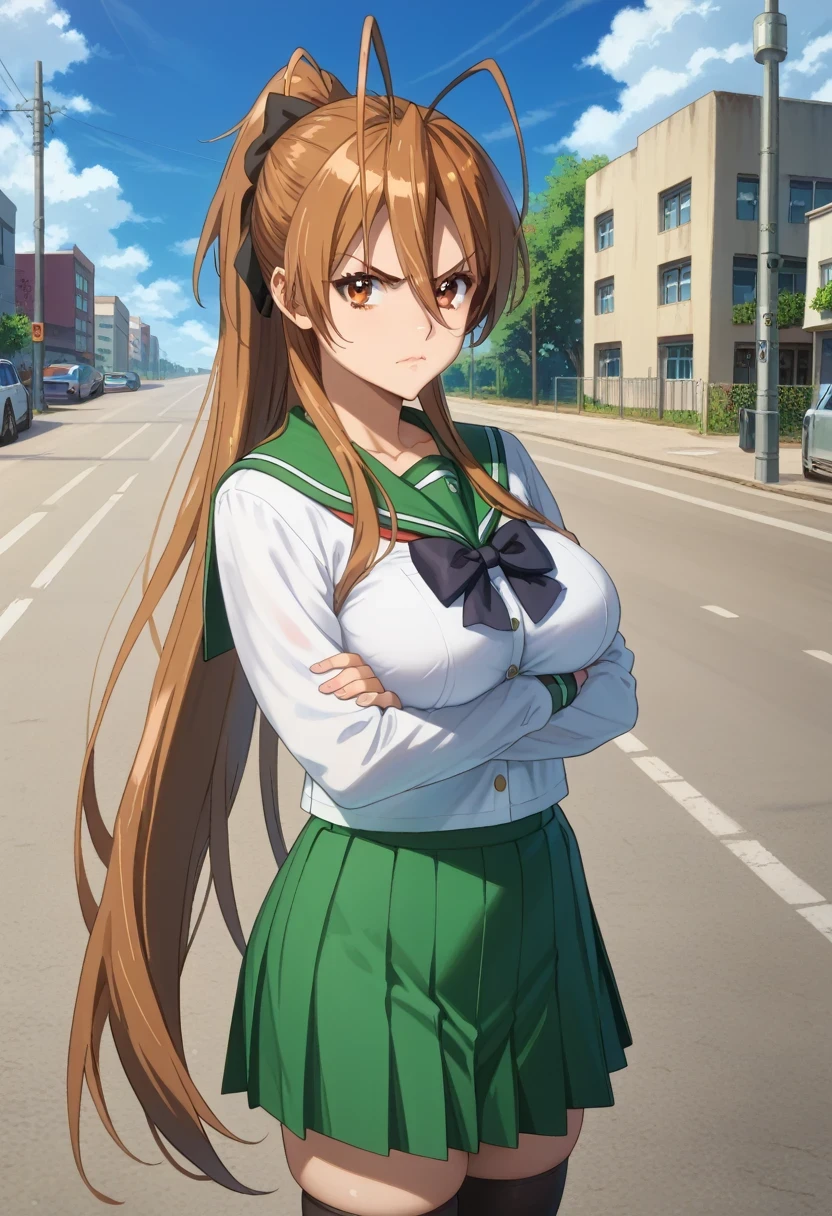 score_9, score_8_up, score_7_up, 1girl, looking at viewer, cowboy shot, 
rei_miyamoto, brown hair, brown eyes, very long hair, antenna hair, hair between eyes, ponytail, school uniform, long sleeves,  green skirt, serafuku, black thighhighs, zettai ryouiki, black bow, 
mature female, large breasts, skindentation, lips, light smile, determined, crossed arms, pout, 
outdoors, blue sky, street, highway, cloud,