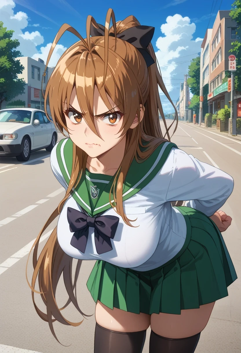 score_9, score_8_up, score_7_up, 1girl, looking at viewer, cowboy shot, 
rei_miyamoto, brown hair, brown eyes, very long hair, antenna hair, hair between eyes, ponytail, school uniform, long sleeves,  green skirt, serafuku, black thighhighs, zettai ryouiki, black bow, 
mature female, large breasts, skindentation, lips, annoyed, angry, wavy mouth, arms at sides, clenched hands, leaning forward, 
outdoors, blue sky, street, highway, cloud,