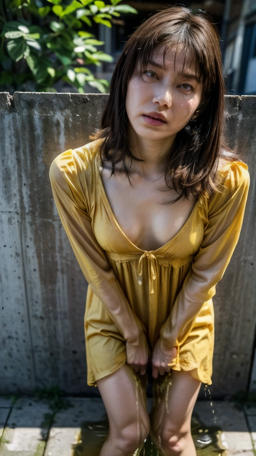 (realistic, photo-realistic:1.37), (masterpiece, best quality), high resolution, intricate details, extremely detailed, cinematic lighting, erotic photography, full body, a 31yo Japanese adult woman, super beautiful girl, (froral print summer minidress:1.2), (standing with leaning forward), (small breasts:1.5), dark hair, pale skin, (detailed face, detailed eyes, symmetrical eyes, beautiful dark pupils, sophisticated nose),
open mouth, tired face, suffering face, frowning, (peeing self, urinate a lot, pissing forcefully in front, urination, shiny urine:1.5), (pee puddle, pee stain:1.3),
photo background, outdoors, urban scape, daytime, sunny, blue sky and clouds,