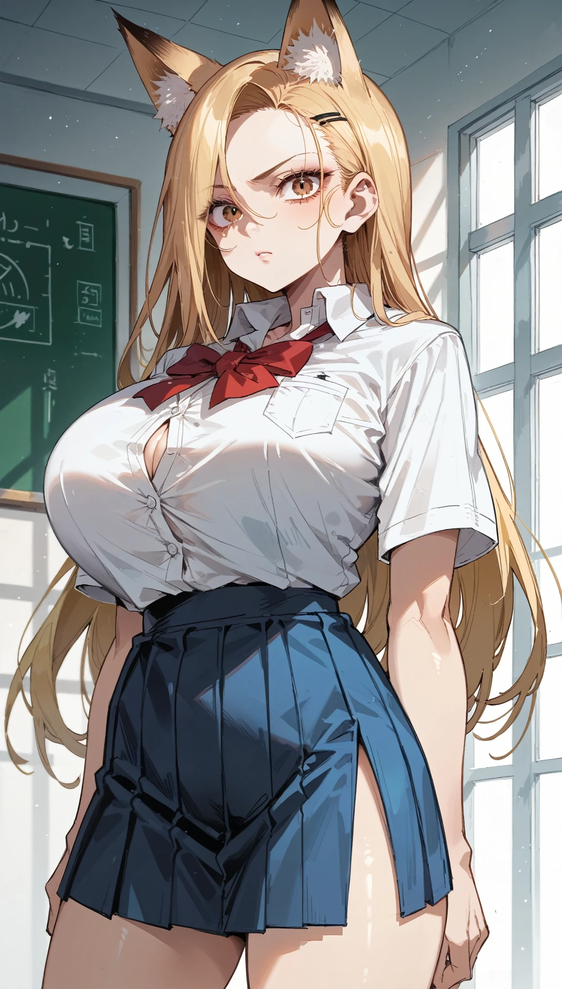 Cold Stare,(hi-quality,high resolution),((Fox Ears)),(((forehead,asymmetrical hair))),(((very turime,long slit eyes))),((school uniform,Mini skirt)),(((oblong face))),((huge breasts)),(((very narrow eyes)))((Clear Eyes,Perfect Eyes,brown eyes)),((clear lines)),Blonde,Long Hair,Old room,Delinquent Girl,gal, clothes are exposed,((anime)),((cowboy shot)),from front