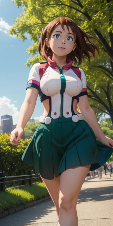 (hyperrealistic girl: 1.2), ((Ochako Uraraka)), (Boku no hero), full body, pretty face, looking forward, big green eyes, lovely pose, waves happily, (short brown hair), (casual clothes), medium breasts: 1.3, central park, hyperrealistic, cinematic lighting, (octane rendering)