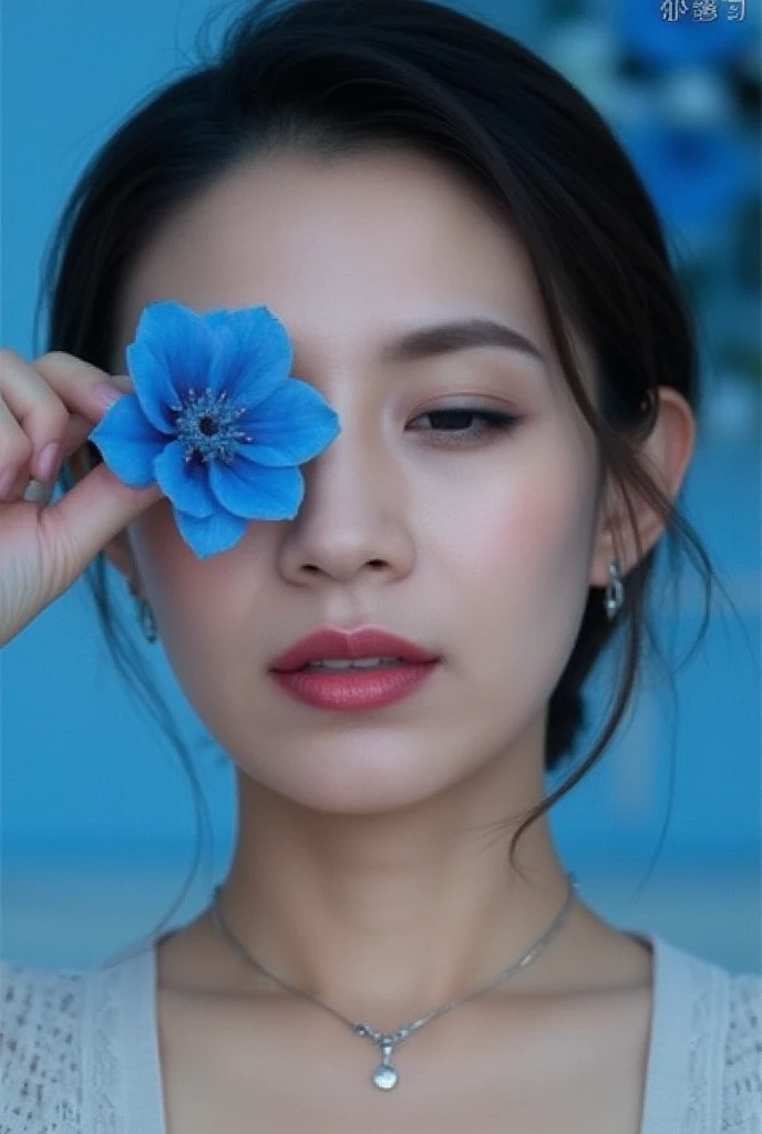 1girl, solo, short hair, simple background, brown hair, black hair, holding, jewelry, collarbone, closed eyes, flower, Flowers placed in front of one eye,earrings, parted lips, choker, artist name, necklace, lips, eyelashes, makeup, rose, watermark, blue background, lipstick, portrait, facing viewer, web address, blue flower, blue theme, holding flower, red lips, blue rose