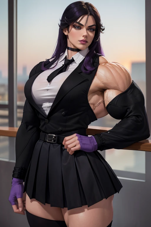 ((Massive, beautiful, buff, pale white skinned muscular asian woman with violet purple hair, black eyes, black lipstick, ginormous bulky muscles)), ((close view)), ((((long sleeve military overcoat)))), ((long sleeve military overcoat)), necktie, blazer, ((((military officer uniform)))), (((waistcoat))), (((military officer uniform))), (((pencil skirt))), (((pencil skirt))), tie clip, pocket square, cloves, (pantyhose), high heels, (close view), (massive muscles), hyper muscles, long hair with long bangs, in a military base,