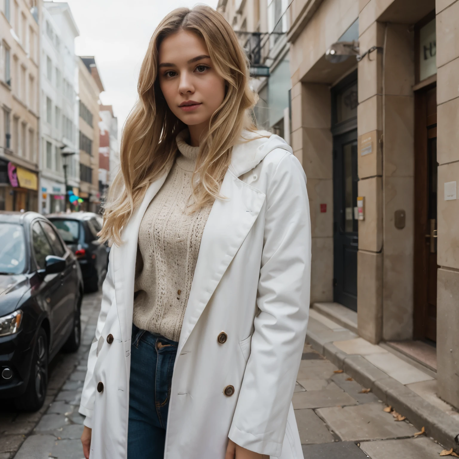 Femme, blond, Allemand, 20 ans, peau pâle et taches de rousseur, yeux gris, nez délicat, lèvres douces et délicates, doux sourire, Visage aux traits féminins délicats, rendu élevé, vue de face, Lolita, manteau blanc et collants noirs posant sur une balustrade à Paris