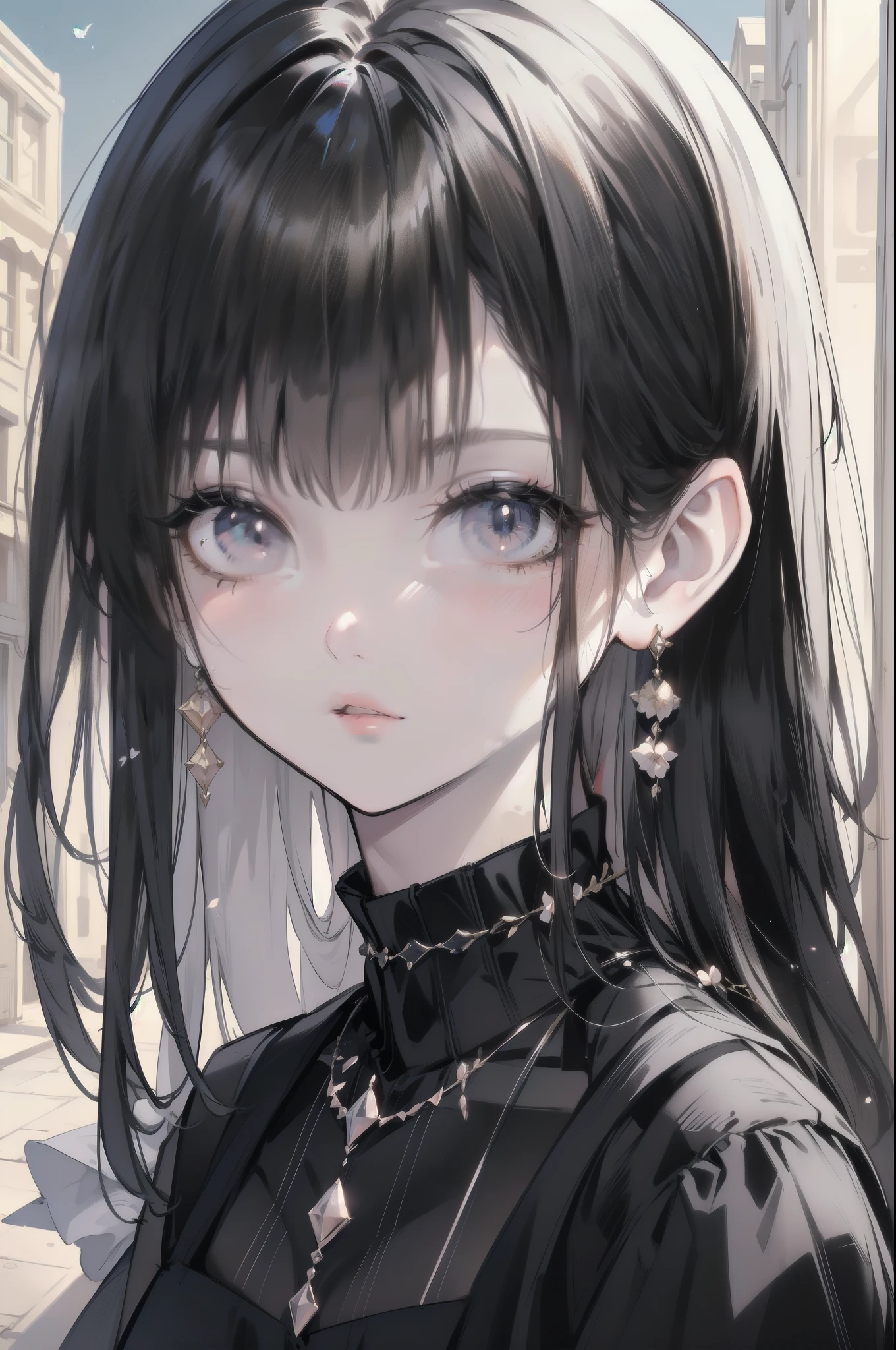 cute girl, incredibly detailed face, beautiful detailed eyes, beautiful detailed lips, extremely detailed face and features, soft aesthetic, detailed clothes, flowing hair, sunlit outdoor street, cinematic lighting, dramatic shadows, warm color palette, high resolution, intricate details, digital painting, masterpiece, ((pastel skirt)), ((pastel blouse))