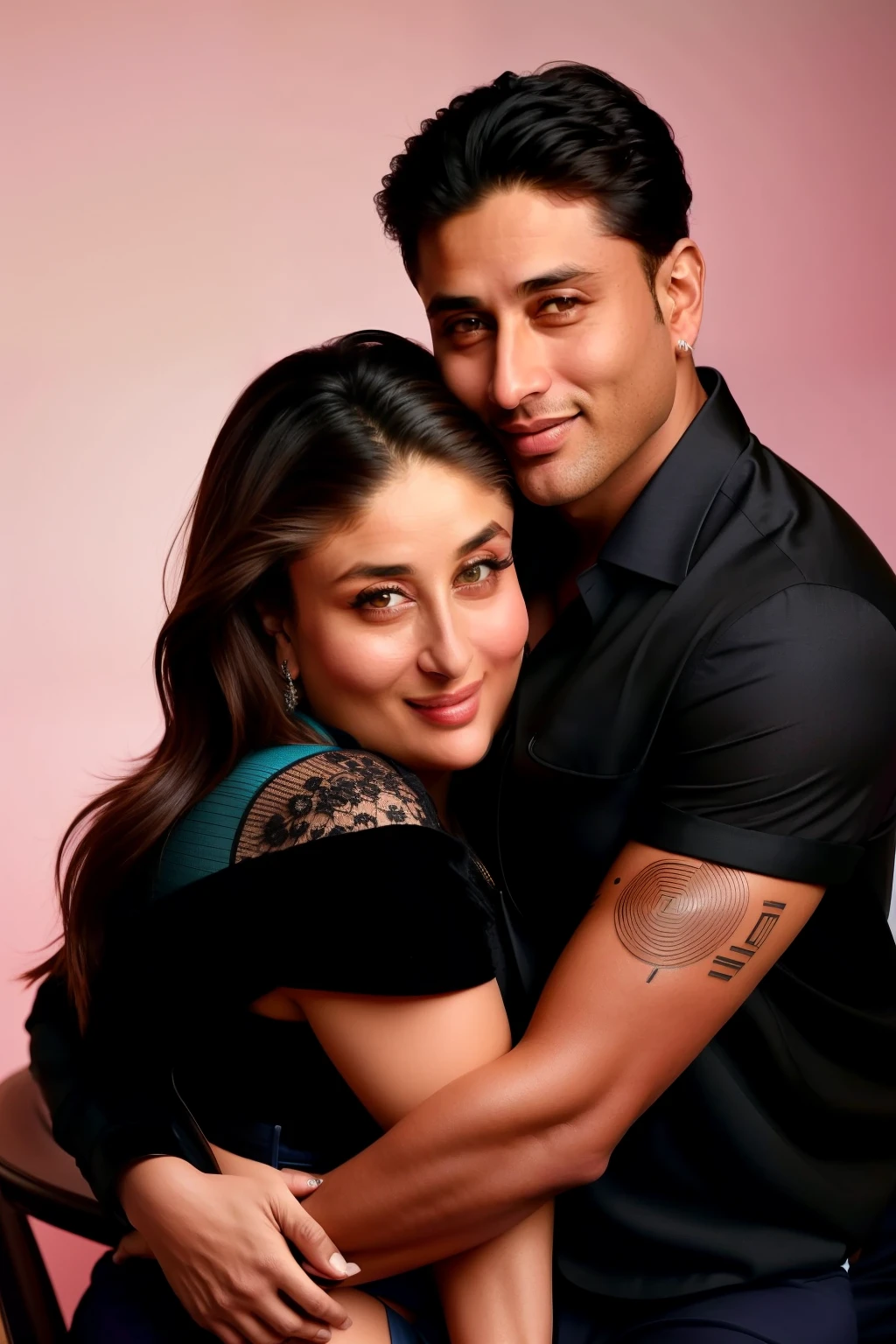 Kareena Kapoor hugging tightly with  black ebony boy.
He hugged her back as she sat on the chair
Kareena is wearing short and bra
They're lot smile 
Love couple 