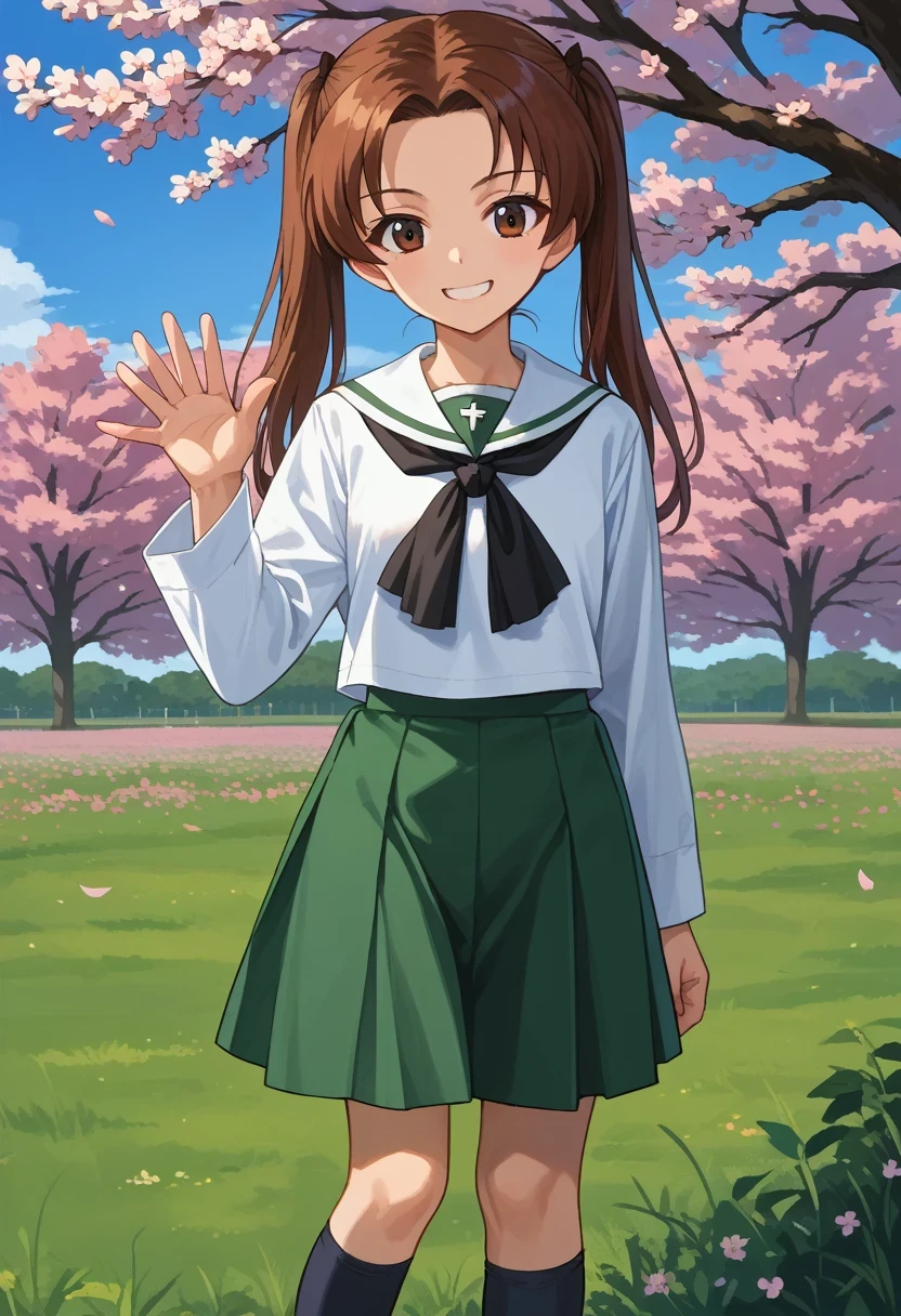 score_9, score_8_up, score_7_up, source_anime,
,outdoors,cherry blossoms,standing,cowboy shot,smile,waving, flower field,
 1girl, kadotani anzu, long hair, twintails, brown hair, parted bangs, brown eyes, hair ribbon, ooarai school uniform,white sailor collar,black neckerchief,white shirt,long sleeves,green skirt,black socks,loafers