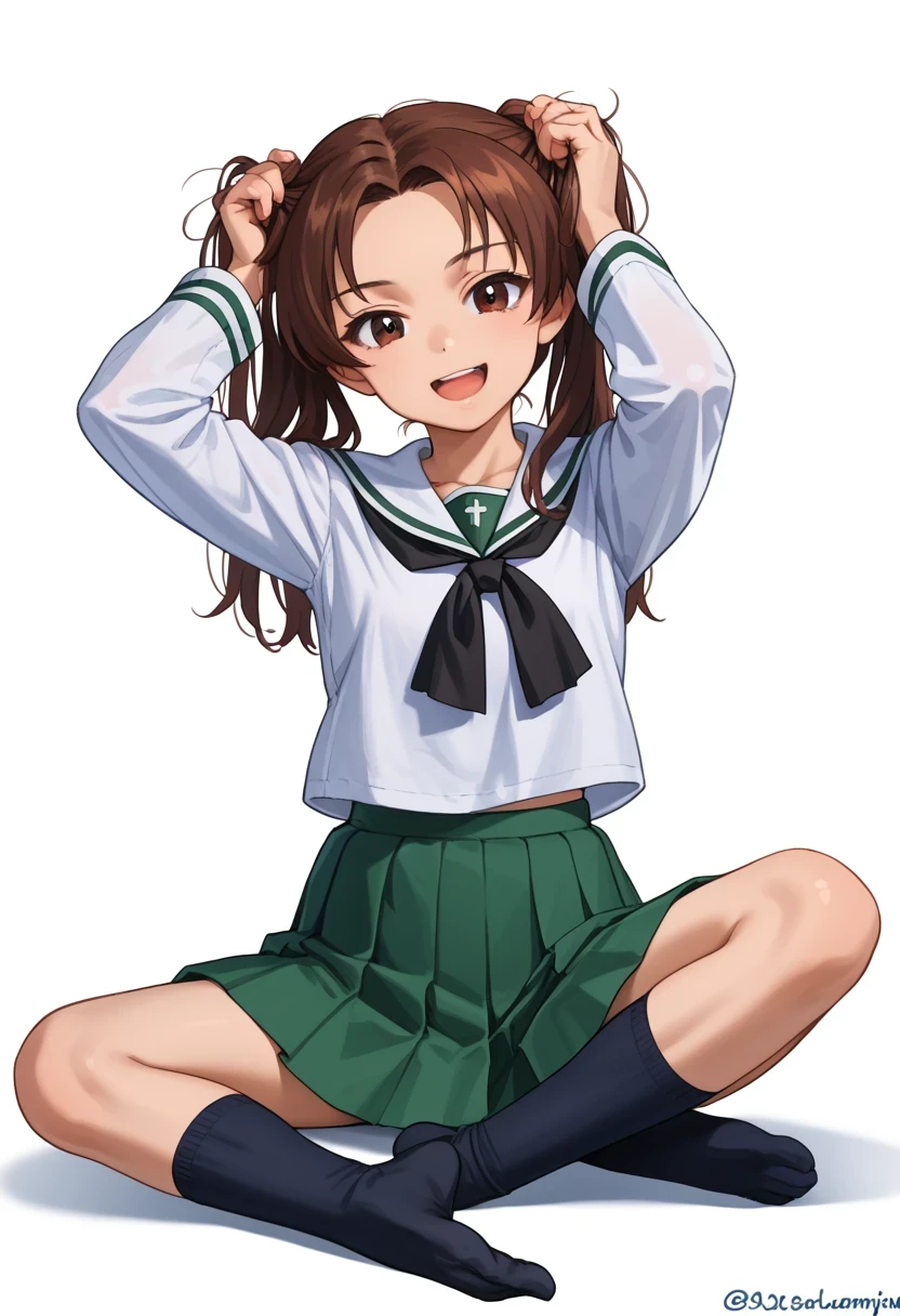 <lora:miyamoto_rei_v1.3:1.0>,
1girl, serafuku, green sailor collar, white shirt, green skirt, black legwear, thighhighs, ponytail,high-waist skirt, sitting, black bow, orange hair,, masterpiece, best quality, highly detailed