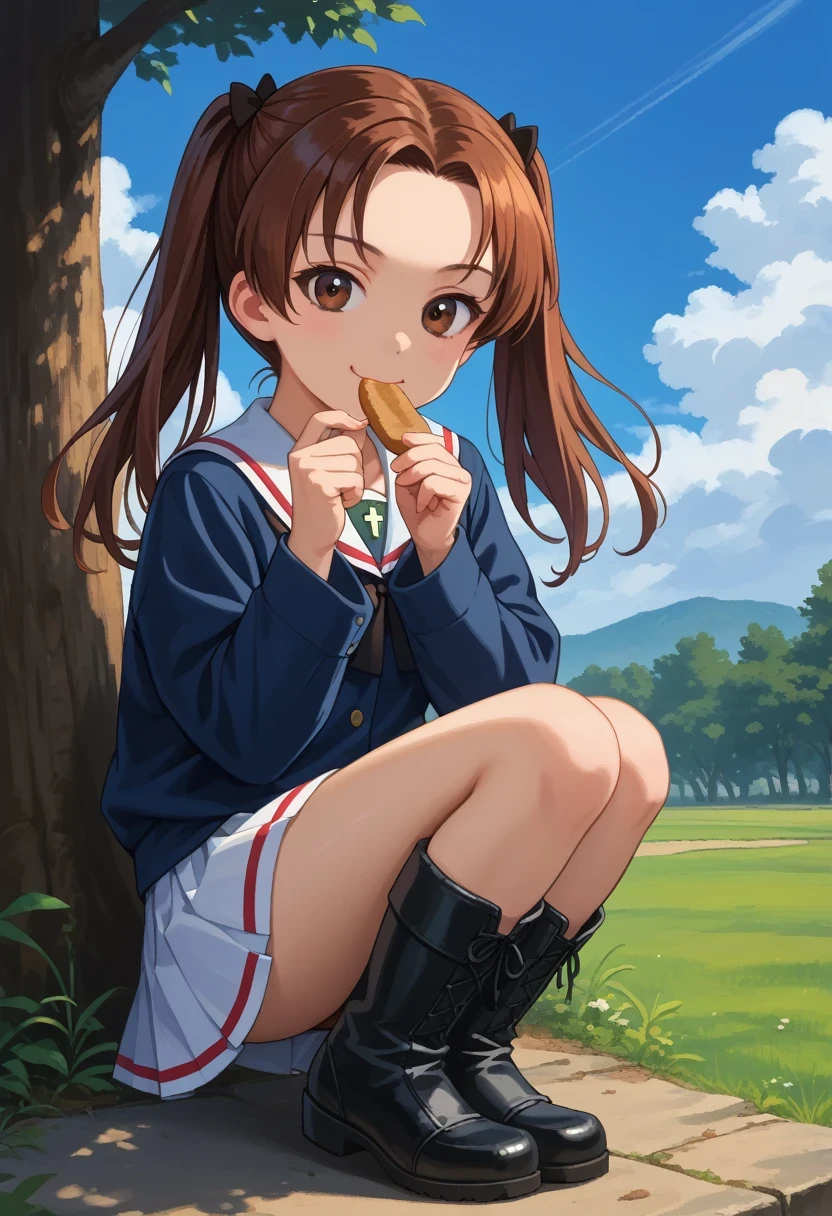 (1 girl),(high quality), (High resolution), (extremely detailed), (8K),(lower body shot), Nodoka, short sleeve cycling jersey, cycling half pants, perfect writing,High resolutionの美しい目,(neutral white lighting:1.2), midium breasts, brown hair, (low twintale:1.2), smile, eating ice cream, (white background:1)