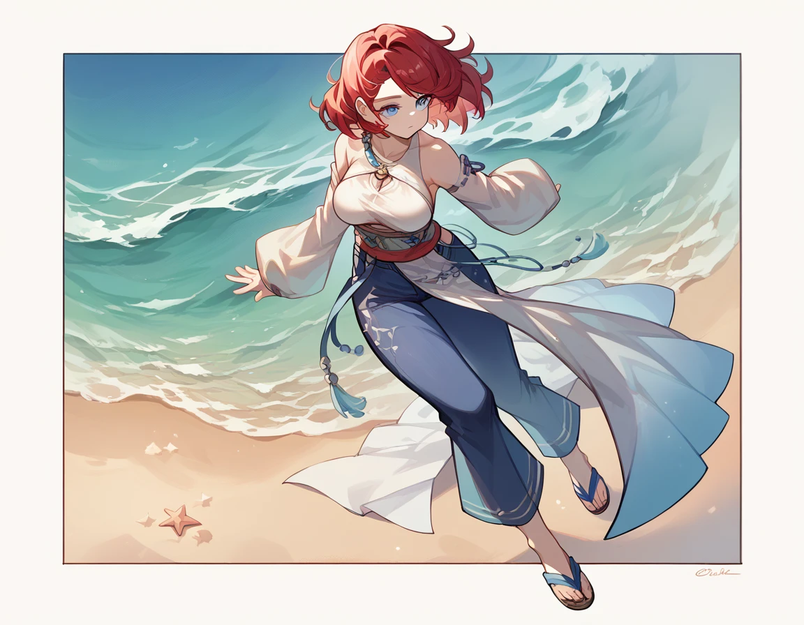 Breast milk through clothes （One Girl:1.3）long_sleeves pelvic_curtain breast_curtain baggy_pants　Light blue eyes　Red Hair　Linen Sandals FULL_SHOT Beside Beach
