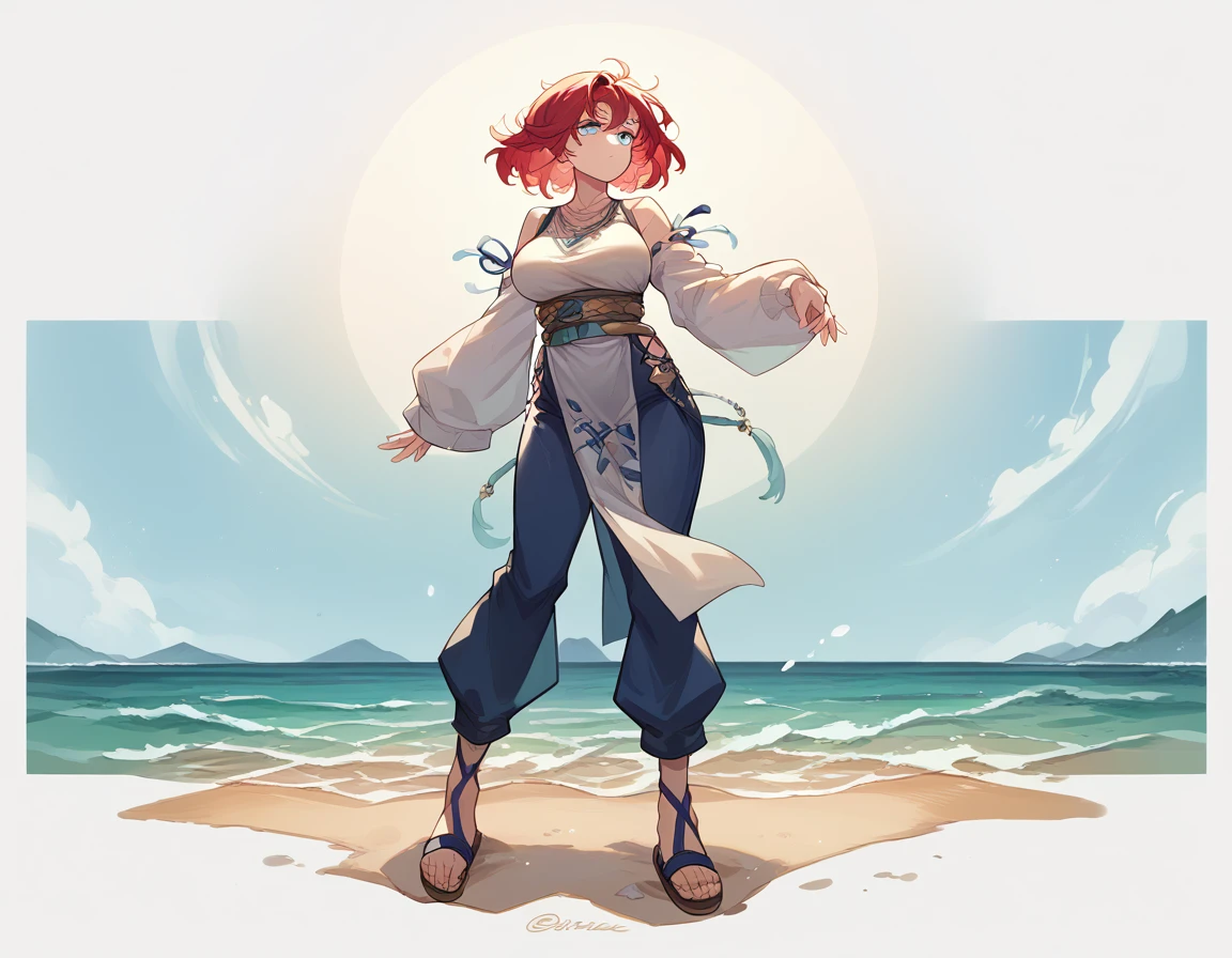 Breast milk through clothes （One Girl:1.3）long_sleeves pelvic_curtain breast_curtain baggy_pants　Light blue eyes　Red Hair　Linen Sandals FULL_SHOT Beside Beach
