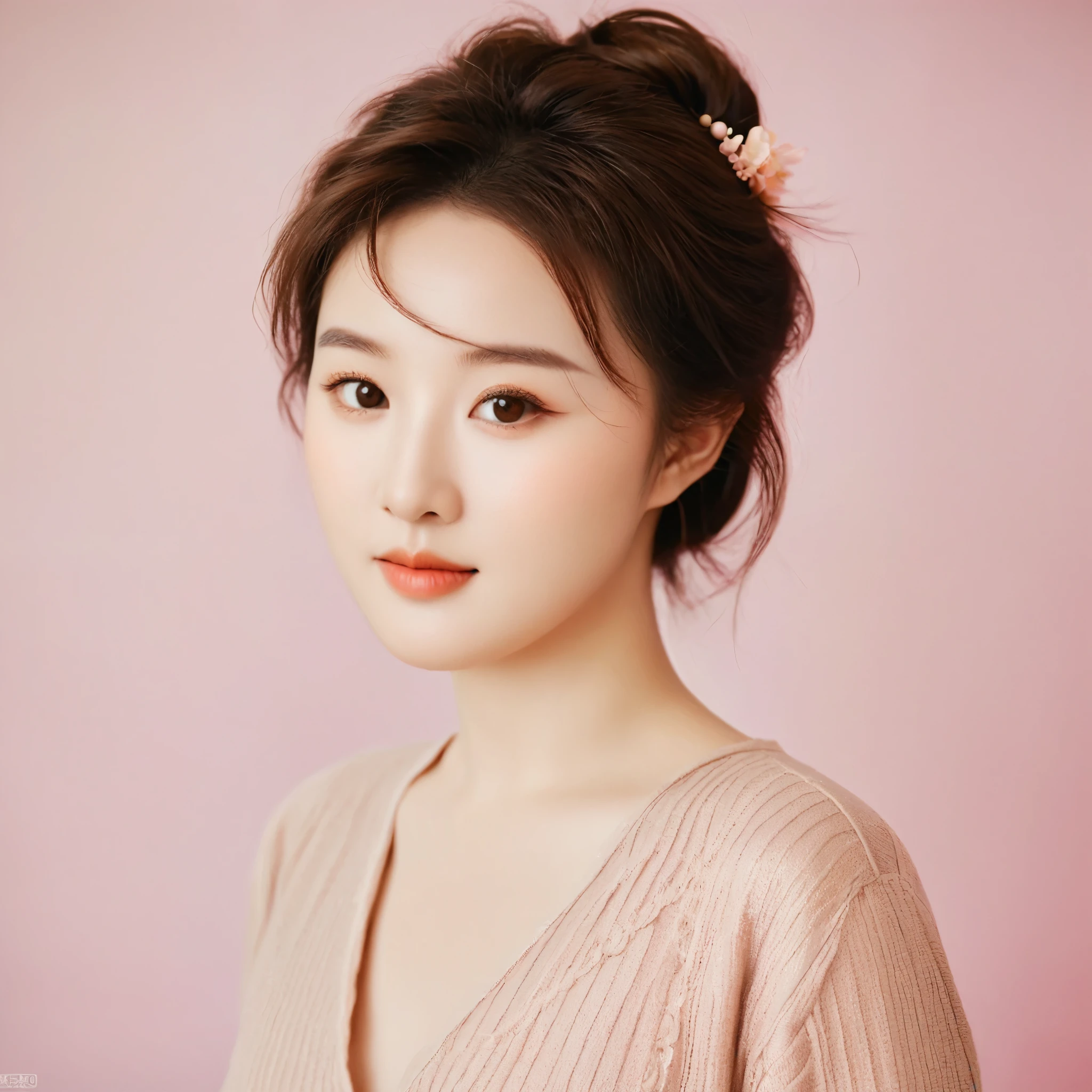 "A 2 woman with an adorable, cute appearance, featuring a charming East Asian look. She has fair skin, a well-defined face, a prominent nose, and beautiful eyes. Her hair is a soft brown, and her lips are a lovely pink. The image captures her full figure, radiating warmth and approachability."