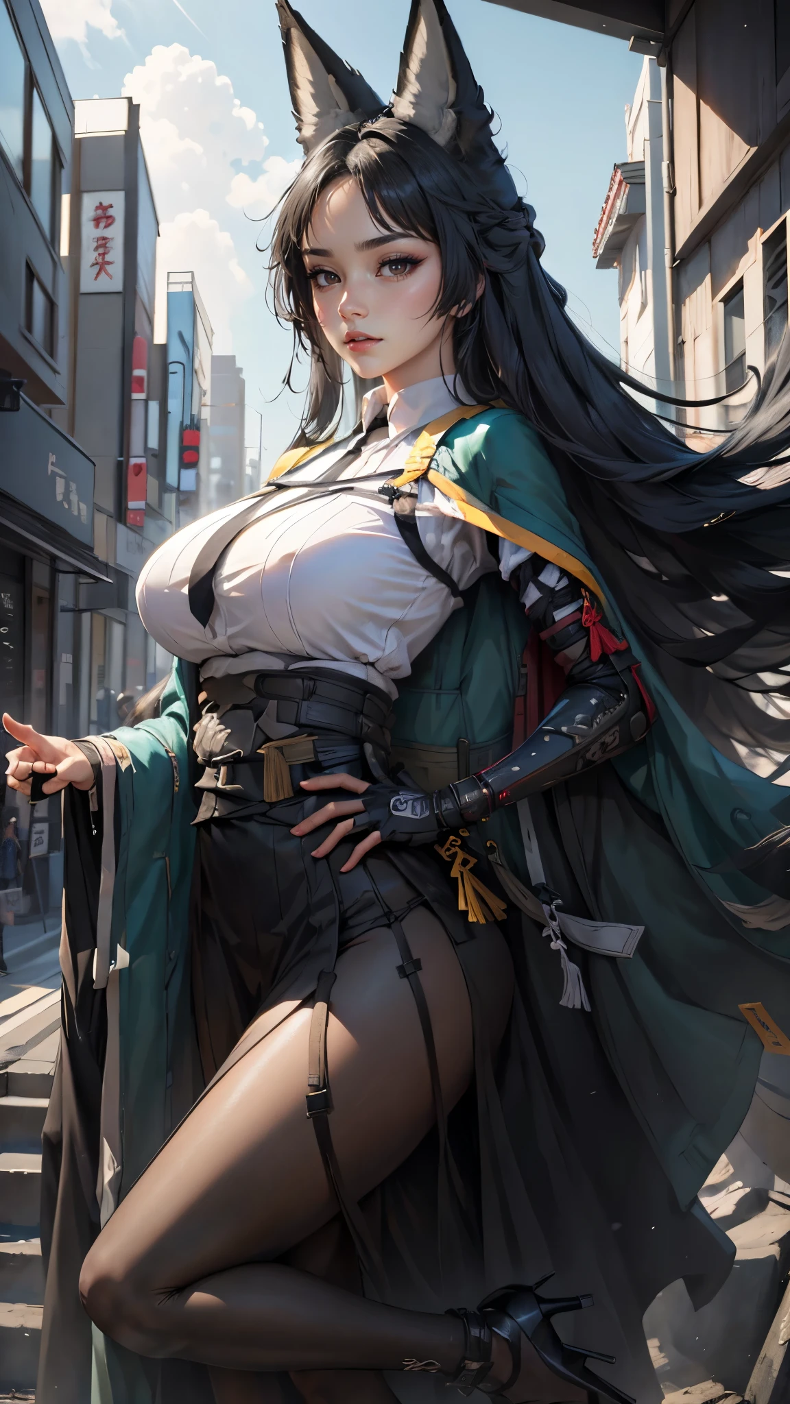 Hoshimi miyabi da zenless zone zeto,(best qualityer,4K,8k,high resolution,work of art:1.2)(weather: cloudy), Tokyo background, shopping district, wide hips, long curly hair, black hair, white shirt, long coat, long tight skirt, necktie, pantyhose, high heels, light makeup, katana, fox ears, combat pose, ultra detailed,portrait,realistic,beautiful detailed scarlet eyes, beautiful detailed lips,extremely detailed eye and face, ultra detailed hands, long eyelashes,average, large breasts,flying hair,beaming smile, sexy smile, powerful girl, bright coloured, dramatic lighting,