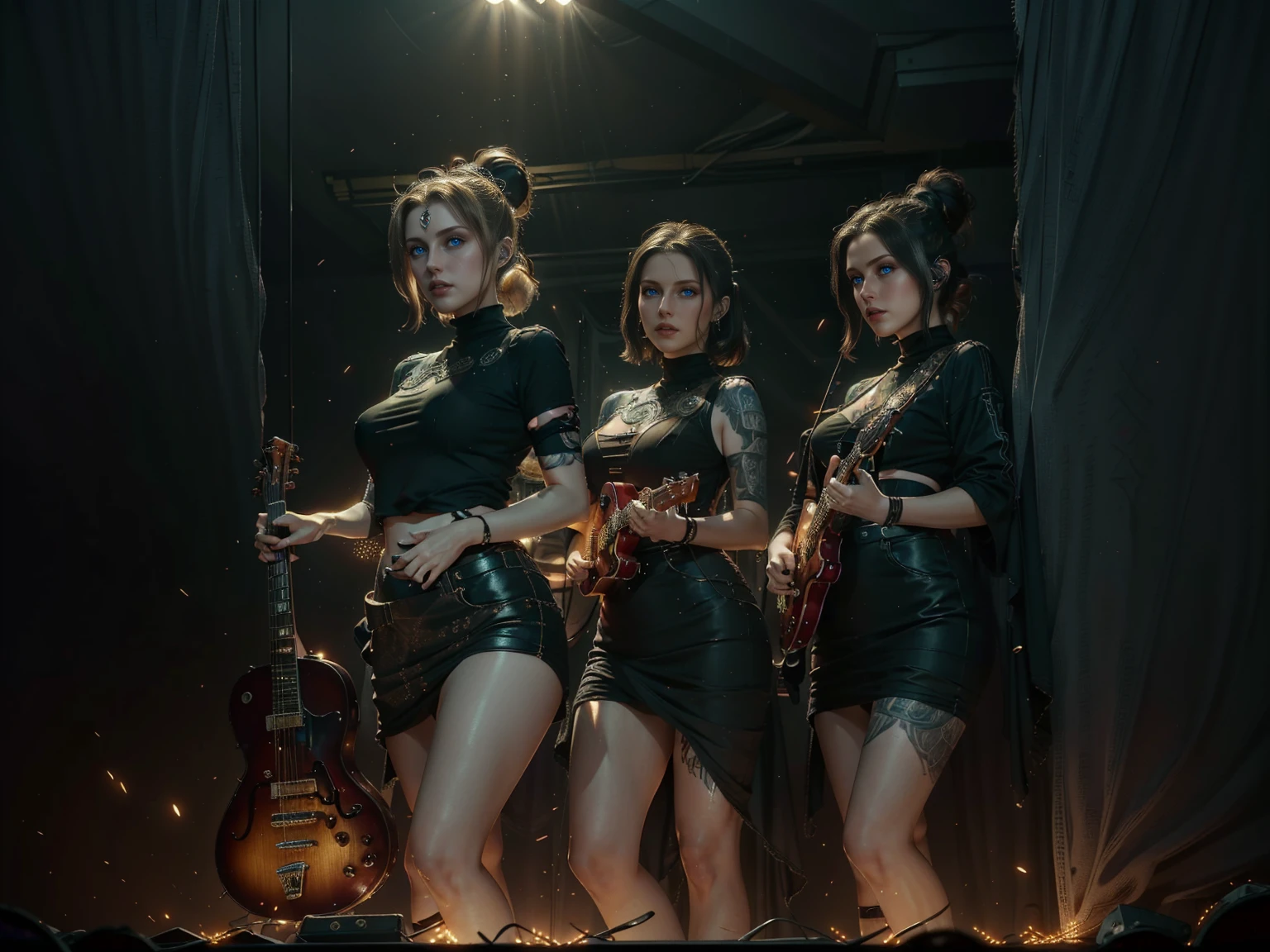 (Trio), An all woman punk band, 3 women, all wearing slightly revealing goth-punk outfits, interior of a smokey dive bar, the women are on stage performing, one woman sings, each woman holds a different instrument, instruments are worn down but cared for, (all the women have some type of updo hairstyle), detailed hair, (each woman poses differently), beautiful eyes and lips, accurate faces, best hands, perfect hands, intricate and separate fingers, 8k, UHD, (studio lighting), lots of rich background details, (award winning photography capturing a sense of hope in dark times), arwen_datnoid_v1, NEGATIVE_HAND-NEG, glow particle, (full length portrait:1.37) 