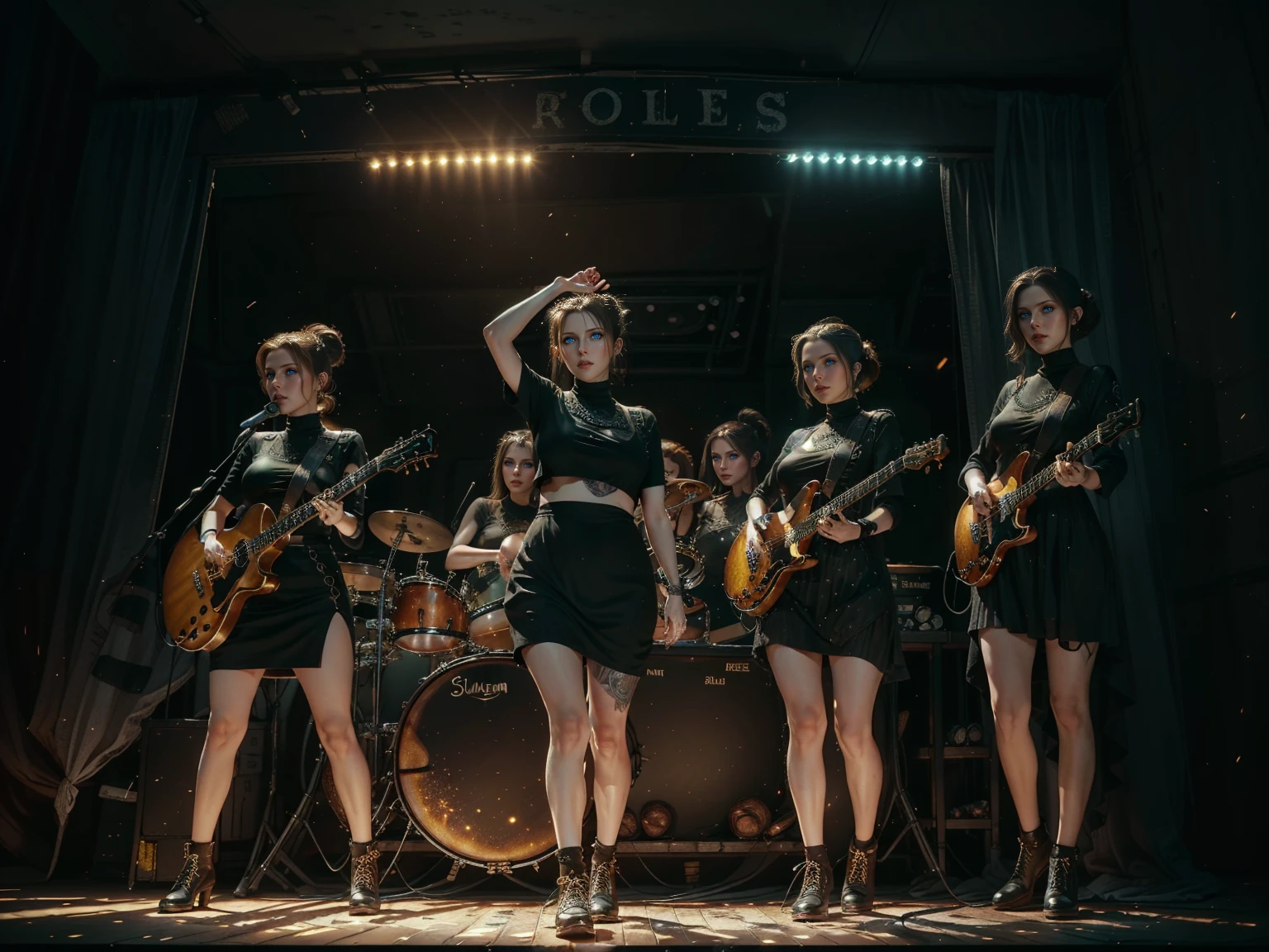 (Trio), An all woman punk band, 3 women, all wearing slightly revealing goth-punk outfits, interior of a smokey dive bar, the women are on stage performing, one woman sings, each woman holds a different instrument, instruments are worn down but cared for, (all the women have some type of updo hairstyle), detailed hair, (each woman poses differently), beautiful eyes and lips, accurate faces, best hands, perfect hands, intricate and separate fingers, 8k, UHD, (studio lighting), lots of rich background details, (award winning photography capturing a sense of hope in dark times), arwen_datnoid_v1, NEGATIVE_HAND-NEG, glow particle, (full length portrait:1.37) 