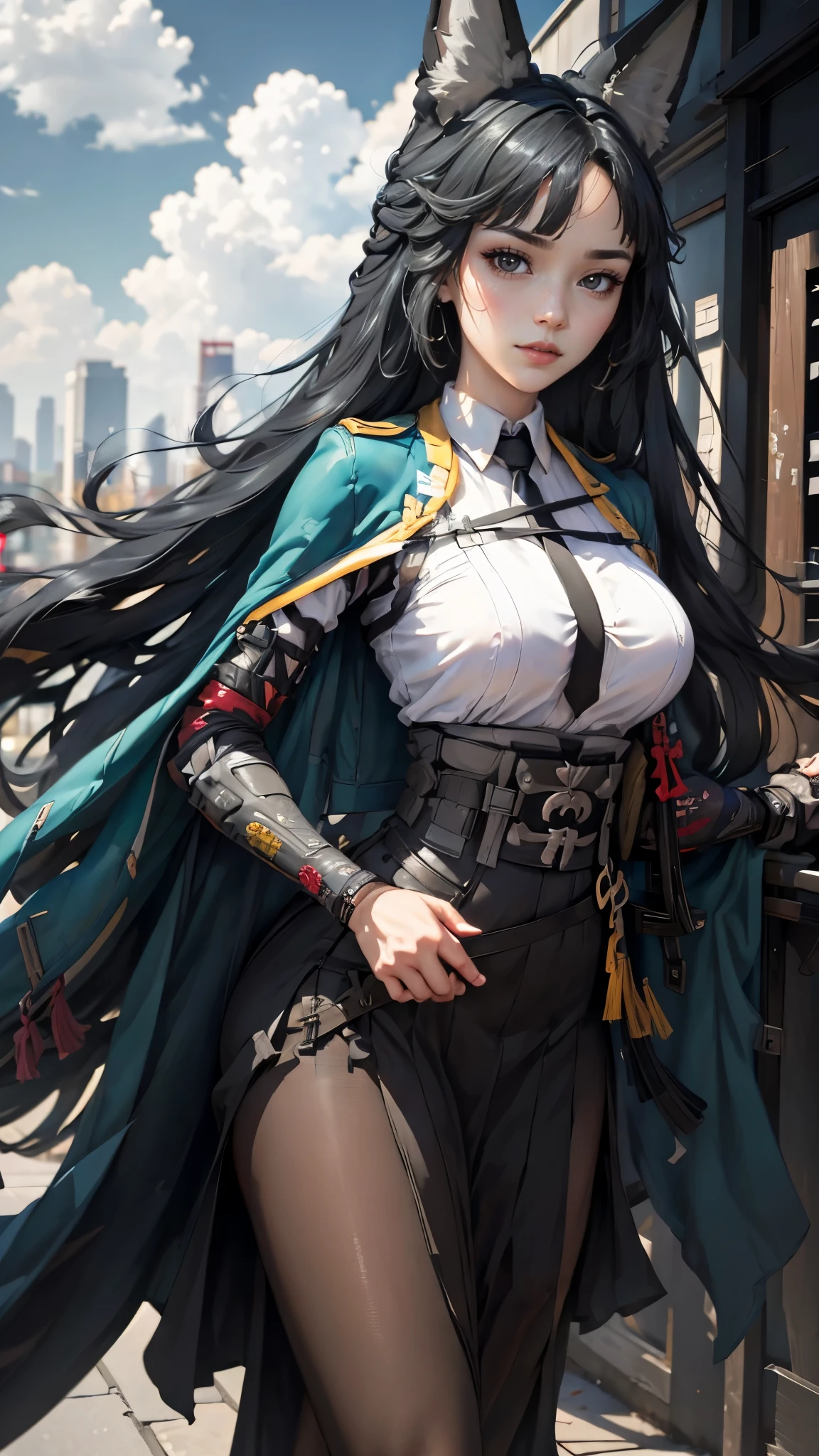 Hoshimi miyabi da zenless zone zeto,(best qualityer,4K,8k,high resolution,work of art:1.2)(weather: cloudy), Tokyo background, shopping district, wide hips, long curly hair, black hair, white shirt, long coat, long tight skirt, necktie, pantyhose, high heels, light makeup, katana, fox ears, combat pose, ultra detailed,portrait,realistic,beautiful detailed scarlet eyes, beautiful detailed lips,extremely detailed eye and face, ultra detailed hands, long eyelashes,average, large breasts,flying hair,beaming smile, sexy smile, powerful girl, bright coloured, dramatic lighting,