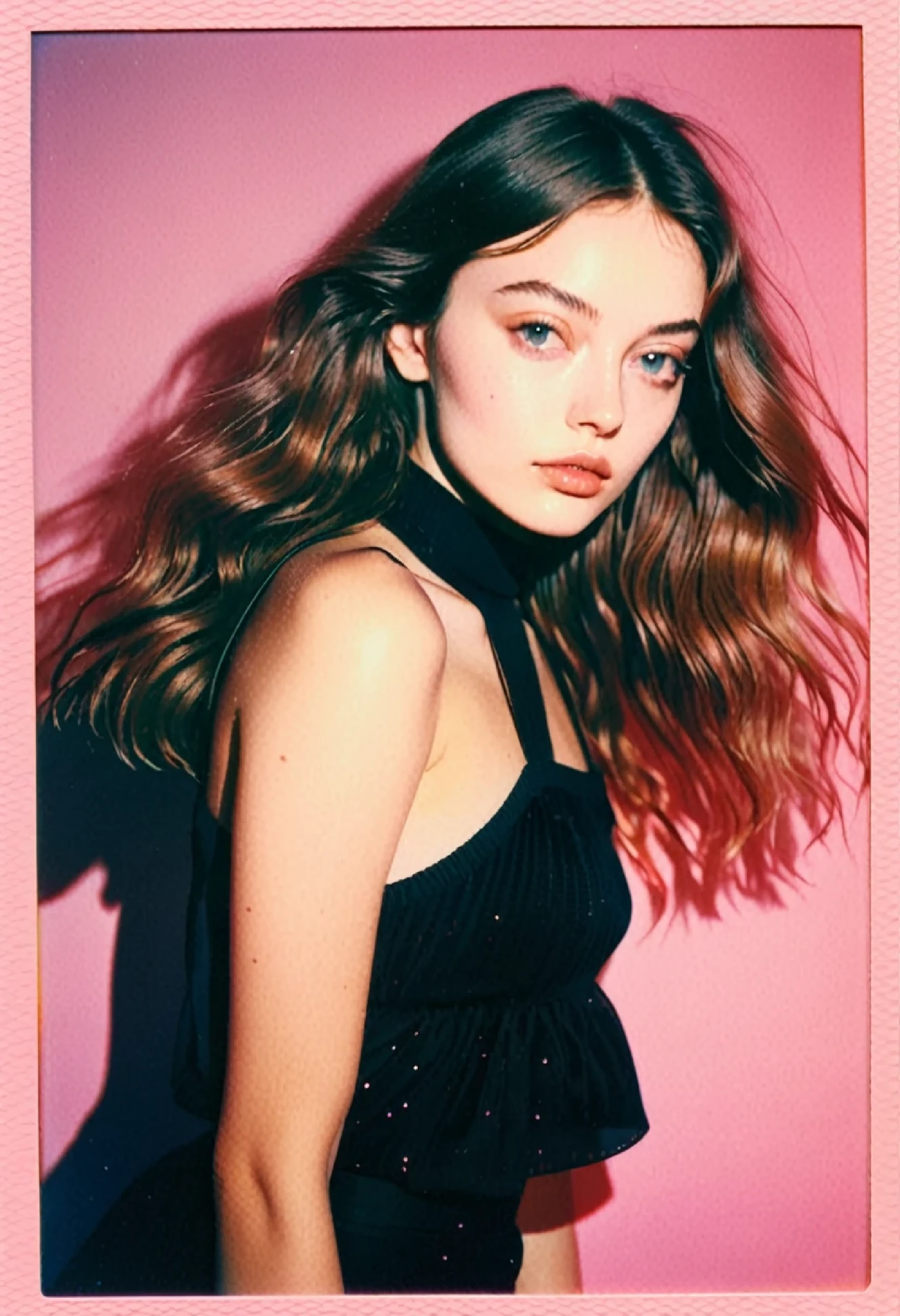 araphed photo of woman in black top on pink background, in style of Petra Collins, photographed on color film, portrait of Sophie Mudd, color Polaroid photo, Anna Nikonova, also known as Newmilky, dasha taran, Polaroid photo, Petra Collins, Yelena Belova, taken on Polaroid, low quality photo, instant photo low quality