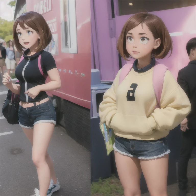 (hyperrealistic girl: 1.2), ((Ochako Uraraka)), (Boku no hero), full body, pretty face, looking forward, big green eyes, lovely pose, waves happily, (short brown hair), (casual clothes), medium breasts: 1.3, central park, hyperrealistic, cinematic lighting, (octane rendering)