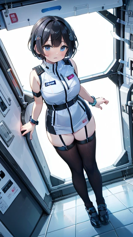 (Best Quality), (masterpiece), 1080P, High resolution, 4K, 8k, Inside the space station、Futuristic room、Thigh straps, Shooting from directly below, The woman on top of me, 白いsweat, Covered , sweat, Woman looking down, Skirt swimsuit, Thigh-high socks, To achieve this, , , whole body, Black leather shoes, Braided Hair, Inner Color, Embarrassed face, Short black hair, bracelet, bedroom,astrovest
