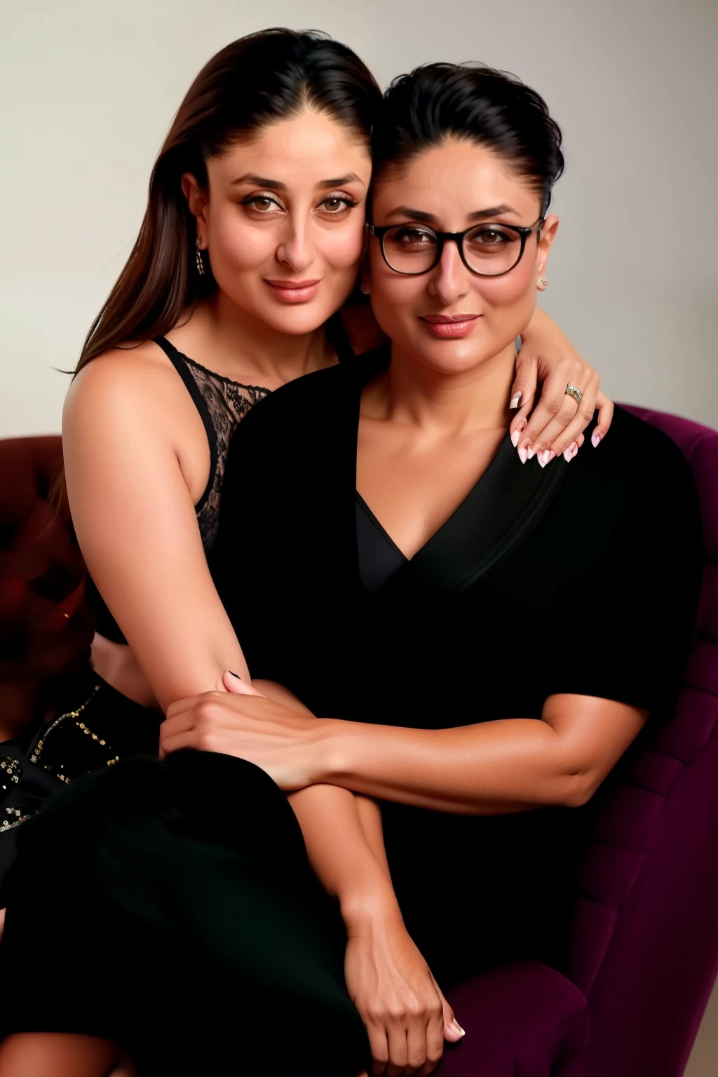 Kareena Kapoor hugging tightly with very dark ugly black ebony school young boy.
He hugged her back as she sat on the chair
Kareena is wearing short and bra and glasses 
They're lot smile 
Love couple 