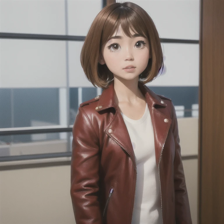 Best quality, face focus, soft light, ultra high resolution, (photorealistic:1.4), RAW photo, 1 girl, Ochaco Uraraka, alone, cute, (casual, highlights in the eyes, very giant round eyes), beautiful and detailed face, (small chest), (High resolution detail of human skin texture.), (short brown hair), indoor, full body, yellow shirt dress, red leather jacket, (portrait)