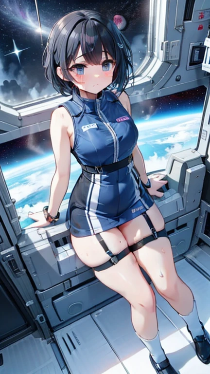 (Best Quality), (masterpiece), 1080P, High resolution, 4K, 8k, Inside the space station、Futuristic room、Thigh straps, Shooting from directly below, The woman on top of me, 白いsweat, Covered , sweat, Woman looking down, Skirt swimsuit, Thigh-high socks, To achieve this, , , whole body, Black leather shoes, Braided Hair, Inner Color, Embarrassed face, Short black hair, bracelet, bedroom,astrovest
