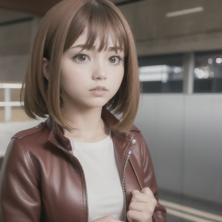 Best quality, face focus, soft light, ultra high resolution, (photorealistic:1.4), RAW photo, 1 girl, Ochaco Uraraka, alone, cute, (casual, highlights in the eyes, very giant round eyes), beautiful and detailed face, (small chest), (High resolution detail of human skin texture.), (short brown hair), indoor, full body, yellow shirt dress, red leather jacket, (portrait)