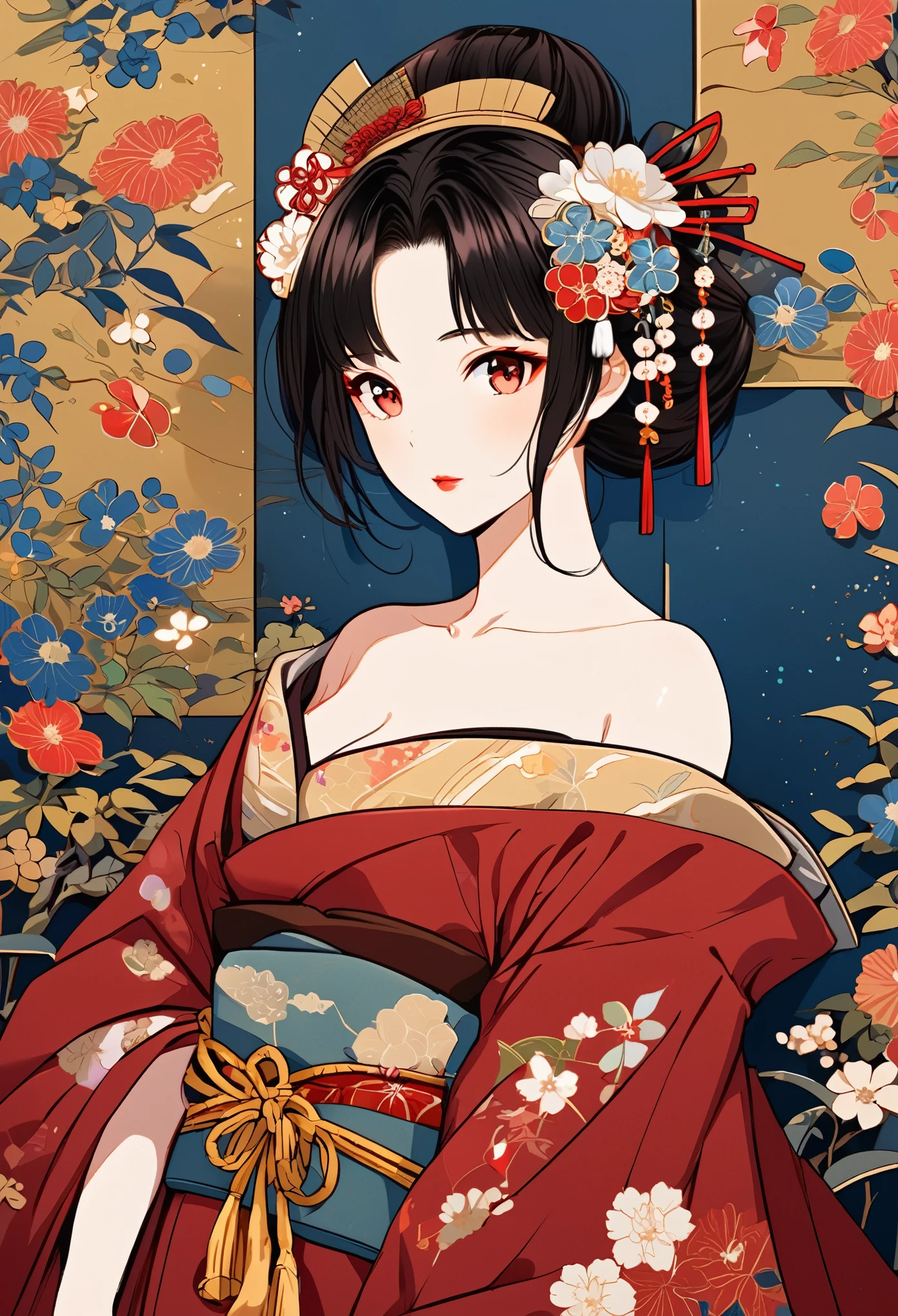(tmasterpiece:1.2,best qualtiy),(Very detailed face,Real pictures,Realistic skin,photorealistic body,Complicated details),solo,1 milf,rcasual,ukiyoe painting,cropped shoulders,(aquarel:1.3),oiran,