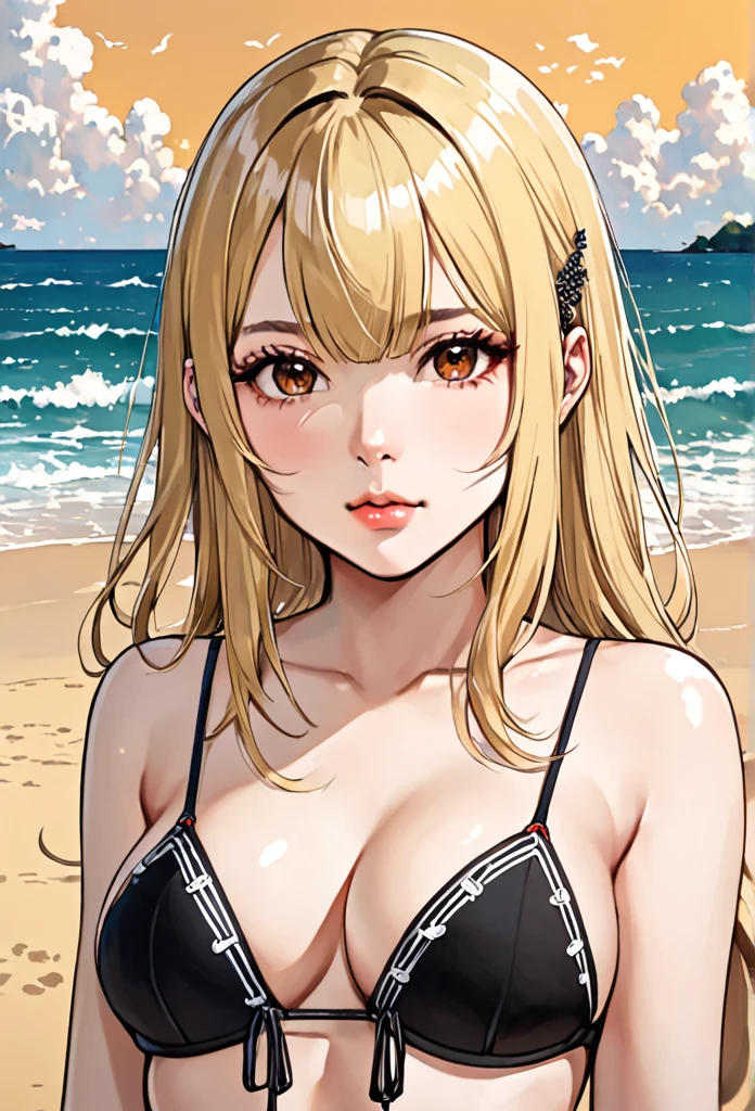 smudgy, traditional art, liu2, brush texture, score_9, score_8_up, score_7_up, score_6_up, score_5_up, score_4_up, BREAK 1girl, intricate,beach bikini , (eyeliner:1.2), looking at viewer, blonde hair, hime-cut, fair skin, jewelry, detailed background, breasts (masterpiece, high quality:1), hair clips, brown eyes