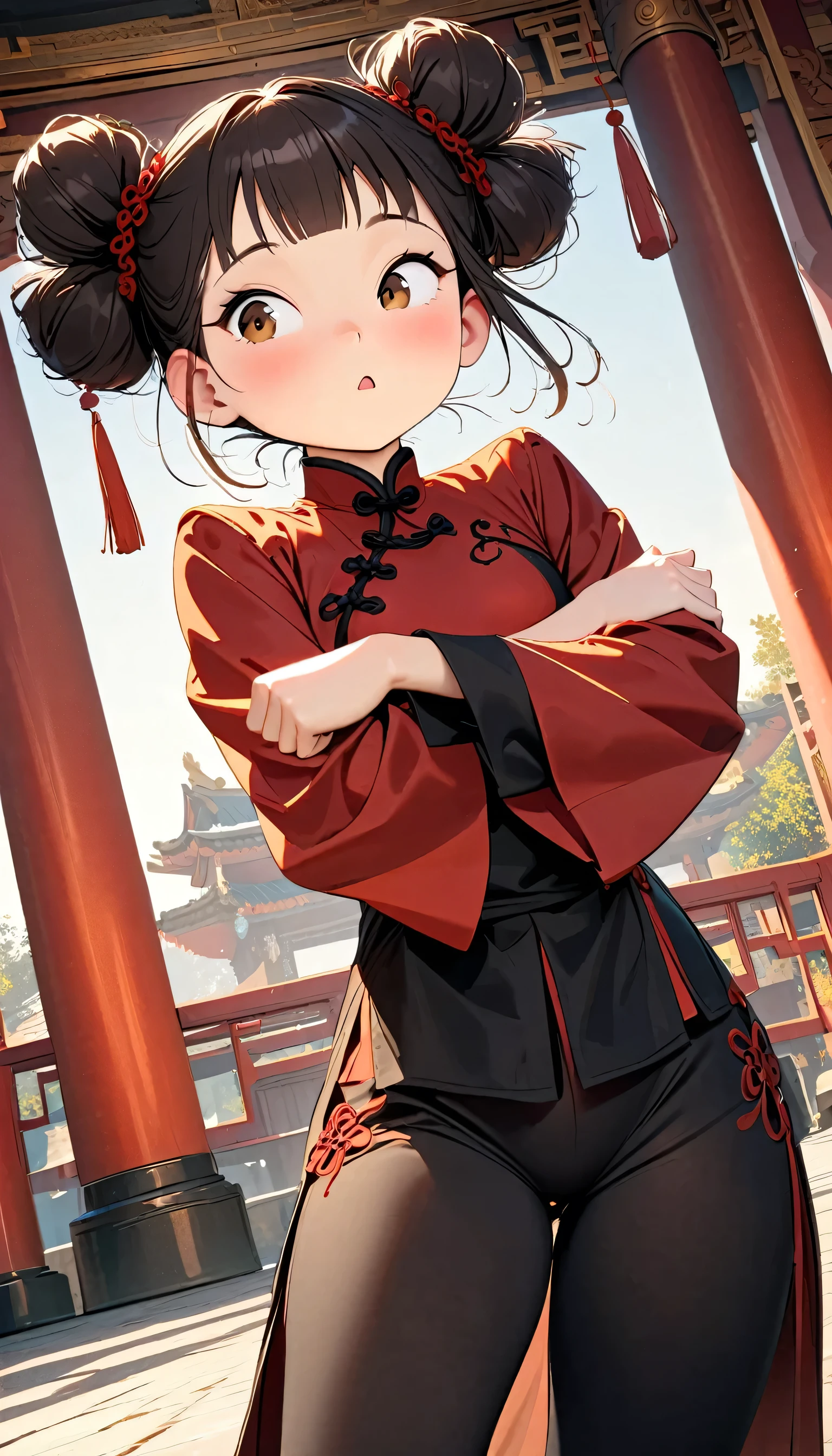 (Best Quality:1.2, Attention to detail, masterpiece:1.2, Best aesthetics), (((NSFW))), (1 petite girl), Cowboy Shot, ((Chinese martial arts uniform, Soft black kung fu pants)), (Big eyes, A sharp expression, Two buns, Kempo training, Pump your fist), 美しいAttention to detail目, Beautiful lip detail, Highly detailed face, Detailed Fashion, elegant, luxury, High quality fabric, Shine, Shine, Dutch Angle, Cinematic, Bright colors, Intricate details, Shaolin Temple, Chinese temple, Vermilion pillar building