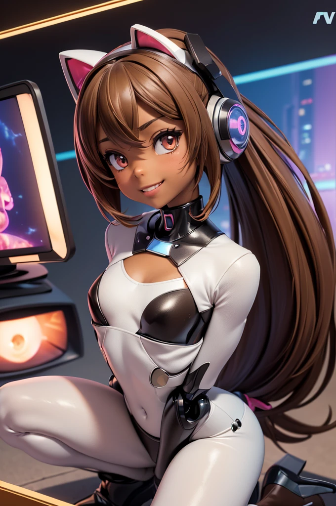 (masterpiece) (high Res), (robot), (Perfect face), (perfect anatomy) Television Head, girl() in super tight clothes, (bikini), pink glowing eyes, (flat chest:1.6), short, (((Brown skin))), black high heels, grin, (TV Head), (tv girl), (Television Head), ((((solo)))), ((((alone)))), walking in a city, dog ears, dog tail, on all fours, ((pet play))