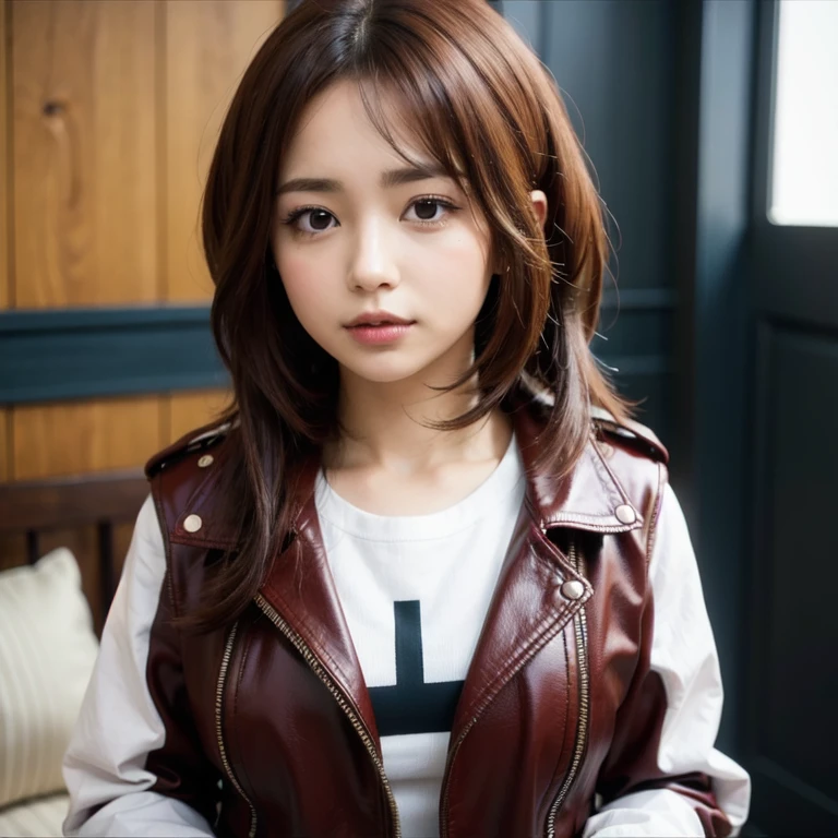 Best quality, face focus, soft light, ultra high resolution, (photorealistic:1.4), RAW photo, 1 girl, Ochaco Uraraka, alone, cute, (casual, highlights in the eyes, very giant round eyes), beautiful and detailed face, (small chest), (High resolution detail of human skin texture.), (short brown hair), indoor, full body, yellow shirt dress, red leather jacket, (portrait)