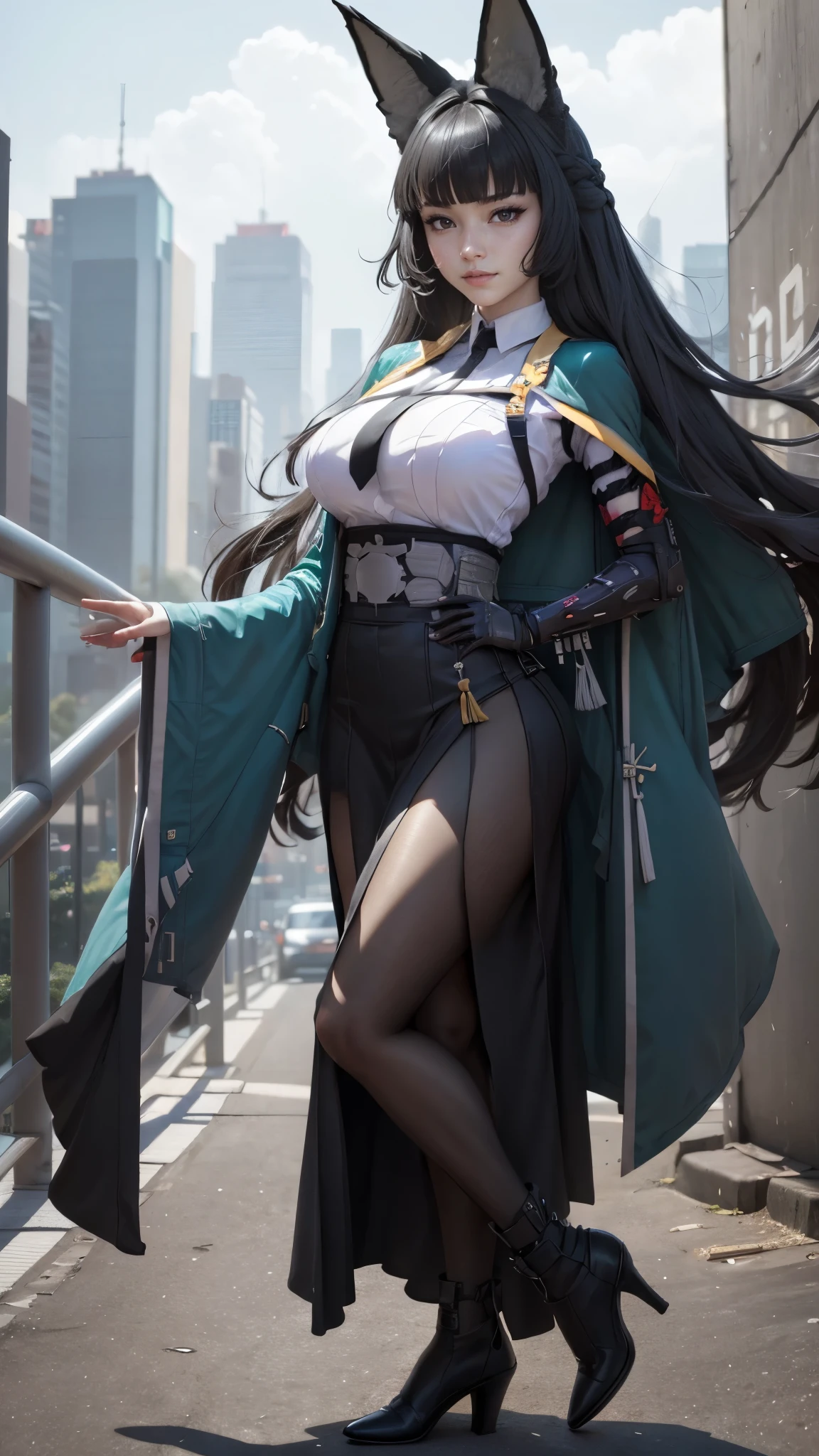 Hoshimi miyabi da zenless zone zeto,(best qualityer,4K,8k,high resolution,work of art:1.2)(weather: cloudy), Tokyo background, shopping district, wide hips, long curly hair, black hair, white shirt, long coat, long tight skirt, necktie, pantyhose, high heels, light makeup, katana, red eyes, fox ears, combat pose, ultra detailed,portrait,realistic,beautiful detailed eyes, beautiful detailed lips,extremely detailed eye and face, ultra detailed hands, long eyelashes,average, large breasts,flying hair,beaming smile, sexy smile, powerful girl, bright coloured, dramatic lighting,