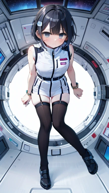 (Best Quality), (masterpiece), 1080P, High resolution, 4K, 8k, Inside the space station、Futuristic room、Thigh straps, Shooting from directly below, The woman on top of me, 白いsweat, Covered , sweat, Woman looking down, Skirt swimsuit, Thigh-high socks, To achieve this, , , whole body, Black leather shoes, Braided Hair, Inner Color, Embarrassed face, Short black hair, bracelet, bedroom,astrovest
