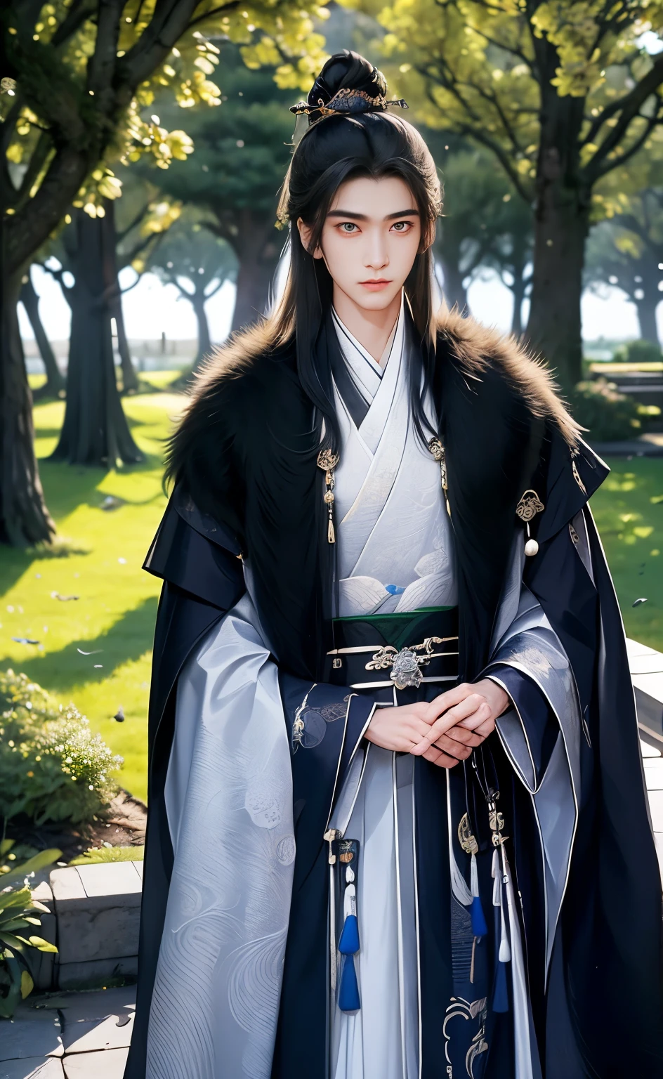 (Best quality,A high resolution,The image is clear:1.2),Ultra detailed backgrounds,Beautiful man standing holding sword，mesmerizing eyes，wind blowing through，Chinese style clothes,White robe，Large white mink collar cape（white clothes：1.5），Garden scene,under moonlight,Asian architecture，Ancient wind，waterfall man，Romantic atmosphere,，Dutch Angle Shot,gentlesoftlighting,portrait of upper body，Noble prince，Have a keen royal eye，hair adornments， inspiration drawn from it.In a quiet, secluded courtyard, a Tang Dynasty poet sits alone, his face marked by a deep melancholy, reflecting the sorrow of unspoken words. His appearance is delicate yet weathered by time, with pale skin and thin, arched eyebrows. His eyes, though sharp, carry a hint of sadness, gazing into the distance as if lost in thought. He wears a simple yet elegant robe of light blue silk, lined with intricate embroidery at the edges, its flowing sleeves gently rustling in the soft breeze. A jade pendant hangs at his waist, subtly shimmering under the morning light. Around him, the morning sun softly illuminates the scene, casting long shadows across the courtyard. Overhead, the last of the springtime birds sing faintly, their song mixed with the poet's sighs. The lush grass outside his window grows wild and untamed, stretching across the garden in thick green clusters. A gentle east wind occasionally sweeps through the courtyard, brushing past the drooping willow branches, their leaves swaying westward, echoing the poet’s sense of helplessness and the fleeting nature of time. The atmosphere is one of quiet solitude and the faint sorrow of spring slipping away."

This prompt captures the poet’s attire and appearance, blending it with the natural setting of the poem to reflect the emotional tone of isolation and yearning.