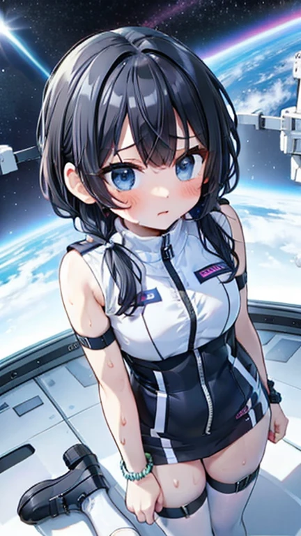 (Best Quality), (masterpiece), 1080P, High resolution, 4K, 8k, Inside the space station、Futuristic room、Thigh straps, Shooting from directly below, The woman on top of me, 白いsweat, Covered , sweat, Woman looking down, Skirt swimsuit, Thigh-high socks, To achieve this, , , whole body, Black leather shoes, Braided Hair, Inner Color, Embarrassed face, Short black hair, bracelet, bedroom,astrovest
