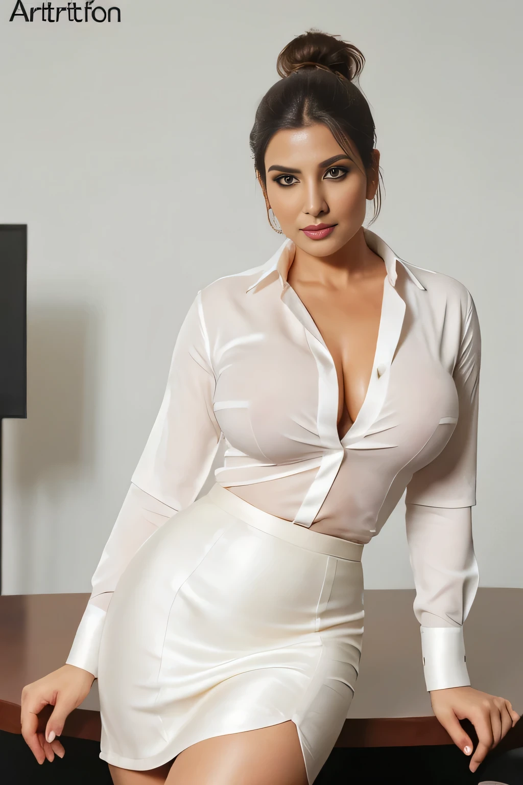 corporate lady, thigh high boots, formal short skirt, tight unbuttoned satin shirt, full body show, curvy milf figure, ponytail hair, posing in conference room, bright sunny day, huge breasts, seductive face, look at camera and seducing expression, erotic adult face, 35yo, volumetric lights, intricate details, (ArtStation:1.2)