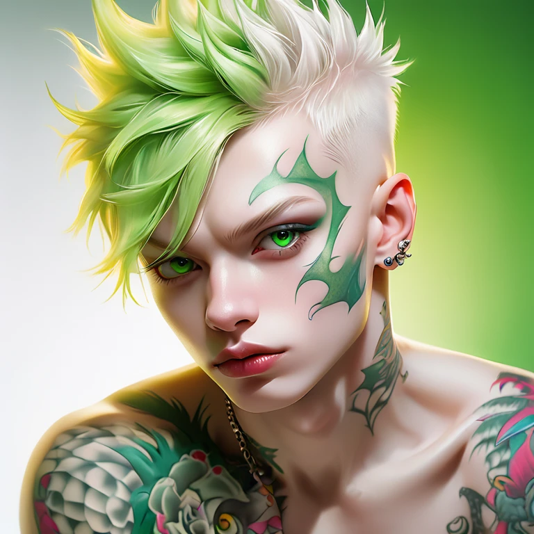 
Portrait of a cute Russian boy in the style of Alberto Seveso ,best quality, super detailed, photorealistic, white colors, albino, punk boy, school heartthrob ! Detailed eyes, upper body, Luxurious Punk Hair, Avant-garde punk fashion, Avant-garde makeup, multiple piercings, Gold jewelry ,Heavily tattooed body, 3D Colored Tattoos, dragon tattoo on neck , abstract background, Backlight effect, shallow depth of field, green background" Meticulous, analog style, Focus on the eyes, of the highest quality, very detailed skin, photo of a very handsome Russian punk, perfect cute face, skin pores, penetration , green background, hips , clear focus, grainy lighting, Backlight ,high film grain, сфотографирован камерой Sony A7R IV, 18мм F/1.7 cinema lenses, very detailed, detailed elaboration, 8 k, HDR, front view, upper body .