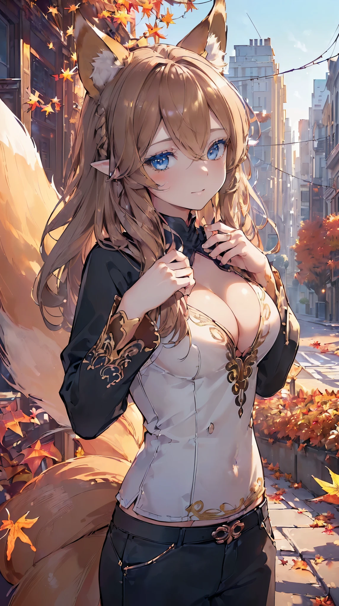volumetric lighting, best shadows, Portrait of an incredibly beautiful girl, Delicate and attractive face with attractive green eyes, big chest, proportional sines, short blonde hair with blue in the middle, thin waist, standing, (Superior quality, incredible details: 1.25), (Alone: 1.3), Bright colored paints, Anime character with fox tail, A beautiful fox lady, A beautiful kitsune woman, whole body, cyan blue jacket, long sleeve, black shirt, black skirt, absurd, extreme detail, blush, detailed eyes, (shading), (detailed lighting), (cinematic lighting), (Masterpiece, anything, raw photography, high resolution, High details, Best Quality), High Definition, (high sharpness: 1.3)