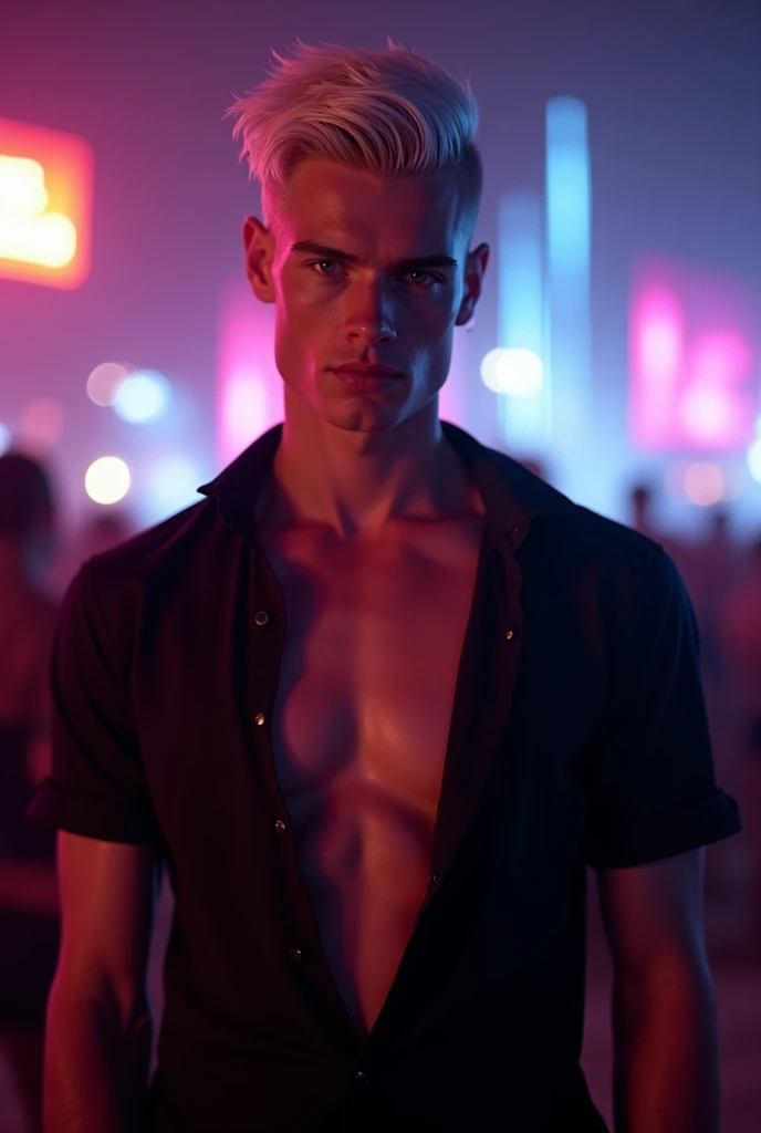 masterpiece, best quality, highres, realistic, a shot of a homoerotic nude man with short blonde hair and blue eyes, clean shave, cute facial features, boyish, full nude, no pants, underwear pulled down, no pubic hair, large ?????????, soft, small nipple, cute twink, rainy wet weather, soaking wet skin, raindrops, thunder storm, science fiction, night scene of a cyberpunk city, bright neon lights, dark looming buildings, flirtatious, tight waist, hip bones, barechest, chiseled abs, pale skin, 