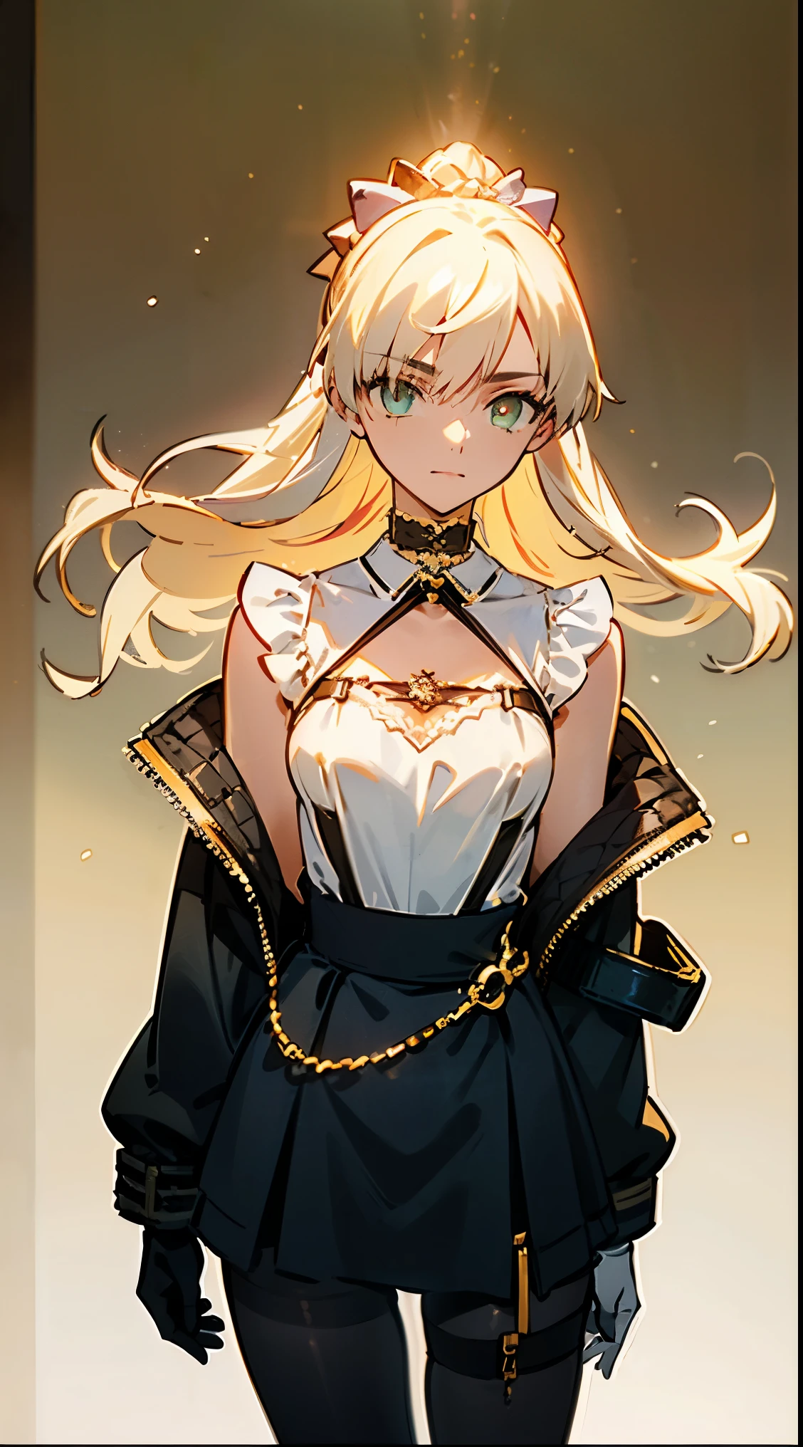((1 girl, amazing, cute girl)), (Masterpiece, Beautiful and aesthetic:1.2),((Golden ratio)), (Physically-based rendering), city background, Sharp focus, (Bright colors，illumination，cropped shoulders, open waist), Intricately detailed clothing, Delicate pupils, Danfeng Eye,((((multicolor hair, detailed hair, long hair)))), Slender, (masterpiece side lighting),(beautiful eyes, (Dynamic configuration: 1.2), Perfect Anatomy, Eyeliner, (illustration:1. 1), (beautiful face:1.2), superb, sharp eyes, choker, light smile, (symmetry eyes), (perfect symmetrical body), side boobs, [Slim & fit body],city background,  hair adornments, (Perfectly proportioned),Ideal color coordination), (Dense detail)), fit thighs, thigh gap,[[Desaturation]], flowing silhouettes, tight, tight strip, short skirt, bra, jacket, dresses, asymmetrical, geometric, Elegant and luxurious materials and designs, minimal accessories, Slim necklaces and rings in silver or gold, Simple bangles, Distinctive designs, colourful sophisticated style, elegance, lace, high quality materials, , high fashion, colourful and sophistication, (cropped jacket, black jacket), white shirt, collared shirt, (chest harness, shoulder strap:1.15), black leather shorts, pantyhose 7/8, garter belt, gloves.
