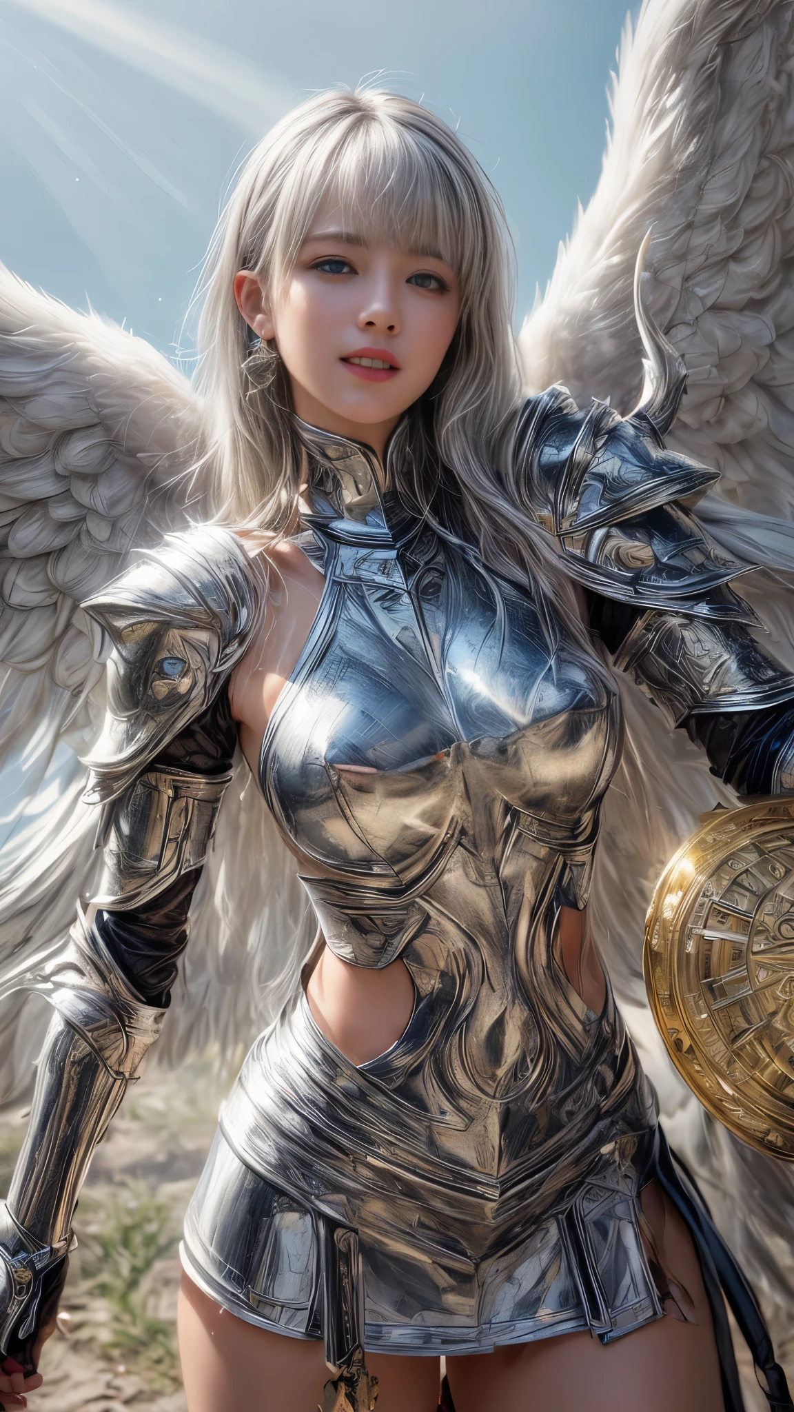 ((Golden Eyes))、(((Silver Hair:1.1)))、((Platinum-colored cruciform armor:1.1))、A strong angel in heavenly armor, (((shield))), ((Seven Wings)), Ready for battle、Very beautiful woman、Slender women、(Detailed face)、Realistic Skin、((Delicate photo)),(Girls Masterpiece RAW Photo Details:1.25), (Best Quality:1.6), (Ultra-high resolution:1.5), (Realistic:1.75),8k resolution, ,50mm,Absurd, Very detailed,Cinema Lighting、(((Bangs)))、(Short Hair)、(((Very detailed armor)))、(White Cape)、(((((Angel Halo)))))、(((Holy Light)))、(((((Too much exposed skin)))))、((Hello))、(((Big Boobs)))、((smile))、((Tuck your hair behind your ears))、((((The magic of the light behind:1.3))))、(((Micro Mini Skirt)))