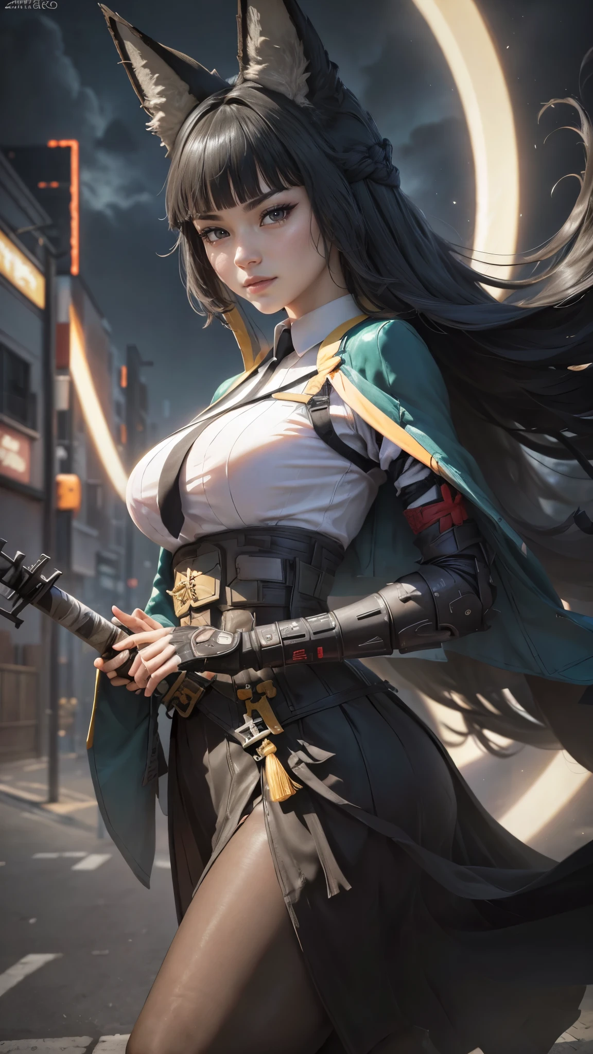 Hoshimi miyabi da zenless zone zeto,(best qualityer,4K,8k,high resolution,work of art:1.2)(weather: cloudy), Tokyo background, shopping district, wide hips, long curly hair, black hair, white shirt, long coat, long tight skirt, necktie, pantyhose, high heels, light makeup, katana, red eyes, fox ears, samurai stance, ultra detailed,portrait,realistic,beautiful detailed eyes, beautiful detailed lips,extremely detailed eye and face, detailed hands, long eyelashes,average, large breasts,flying hair,beaming smile, sexy smile, powerful girl, bright coloured, dramatic lighting,