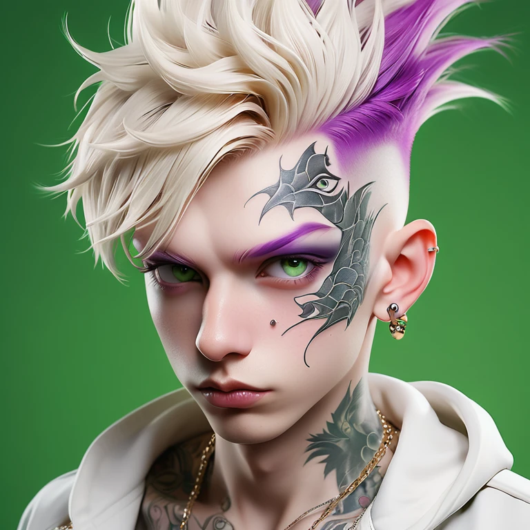 
Portrait of a cute Russian boy in the style of Alberto Seveso ,best quality, super detailed, photorealistic, white colors, albino, punk boy, school heartthrob ! Detailed eyes, upper body, Luxurious Punk Hair, Avant-garde punk fashion, Avant-garde makeup, multiple piercings, Gold jewelry ,Heavily tattooed body, 3D Colored Tattoos, dragon tattoo on neck , abstract background, Backlight effect, shallow depth of field, purple background" Meticulous, analog style, Focus on the eyes, of the highest quality, very detailed skin, photo of a very handsome Russian punk, perfect cute face, skin pores, penetration , green background, hips , clear focus, grainy lighting, Backlight ,high film grain, сфотографирован камерой Sony A7R IV, 18мм F/1.7 cinema lenses, very detailed, detailed elaboration, 8 k, HDR, front view, upper body .