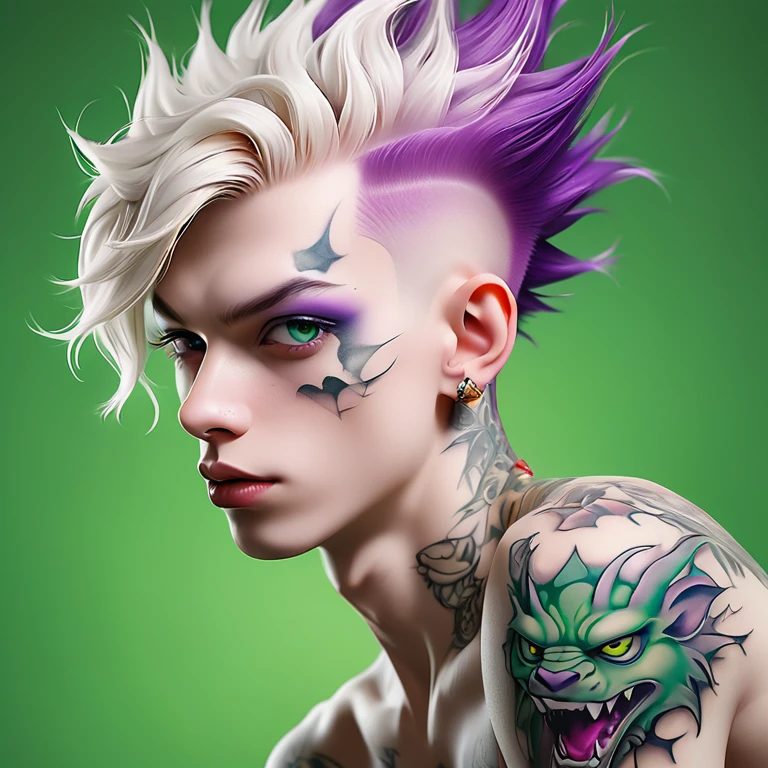 
Portrait of a cute Russian boy in the style of Alberto Seveso ,best quality, super detailed, photorealistic, white colors, albino, punk boy, school heartthrob ! Detailed eyes, upper body, Luxurious Punk Hair, Avant-garde punk fashion, Avant-garde makeup, multiple piercings, Gold jewelry ,Heavily tattooed body, 3D Colored Tattoos, dragon tattoo on neck , abstract background, Backlight effect, shallow depth of field, purple background" Meticulous, analog style, Focus on the eyes, of the highest quality, very detailed skin, photo of a very handsome Russian punk, perfect cute face, skin pores, penetration , green background, hips , clear focus, grainy lighting, Backlight ,high film grain, сфотографирован камерой Sony A7R IV, 18мм F/1.7 cinema lenses, very detailed, detailed elaboration, 8 k, HDR, front view, upper body .