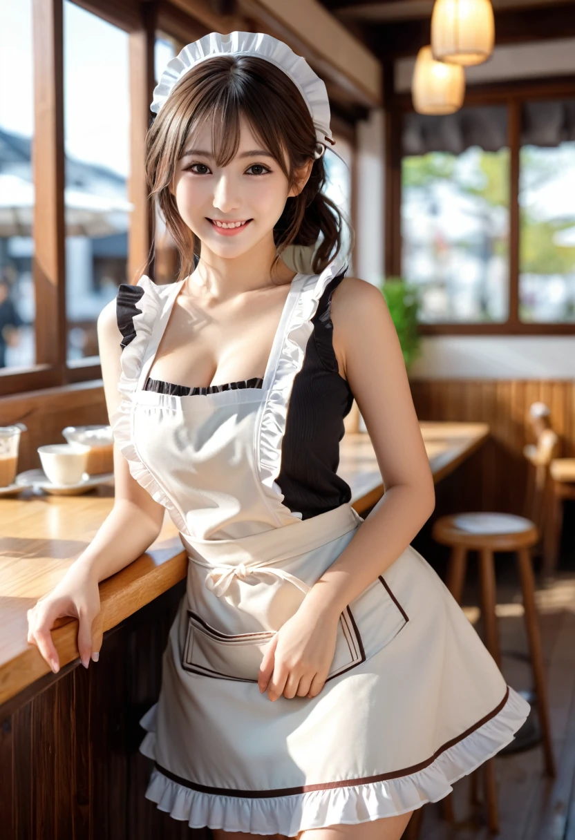 (raw photo, 8k, best quality, masterpiece:1.3), (realistic, photo-realistic:1.37), ultra-detailed, anatomically correct, 1 beautiful girl, japanese, 20's, large breasts, (slim abs:1.1), brown eyes, dark brown hair, autumn, daylight, sunlight, in the cafe, standing with leaning forward, full body shot, smile, (frilled apron:1.3)